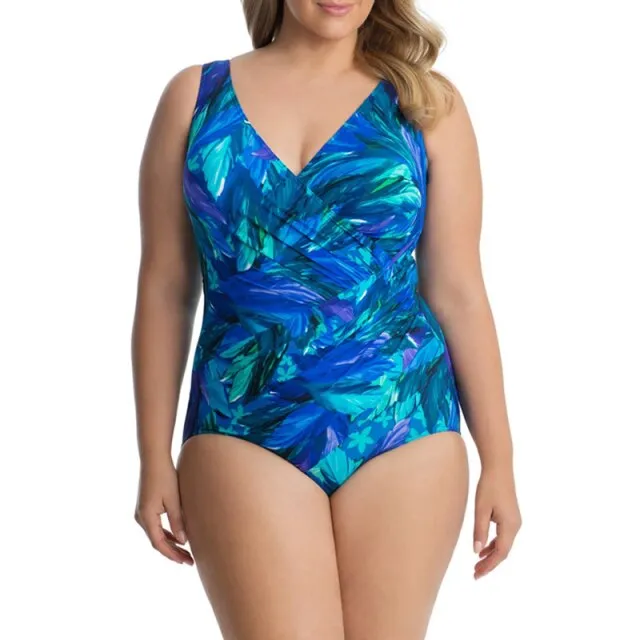 Plus Size Women's Blue One Piece Retro Style Printed Swimsuit