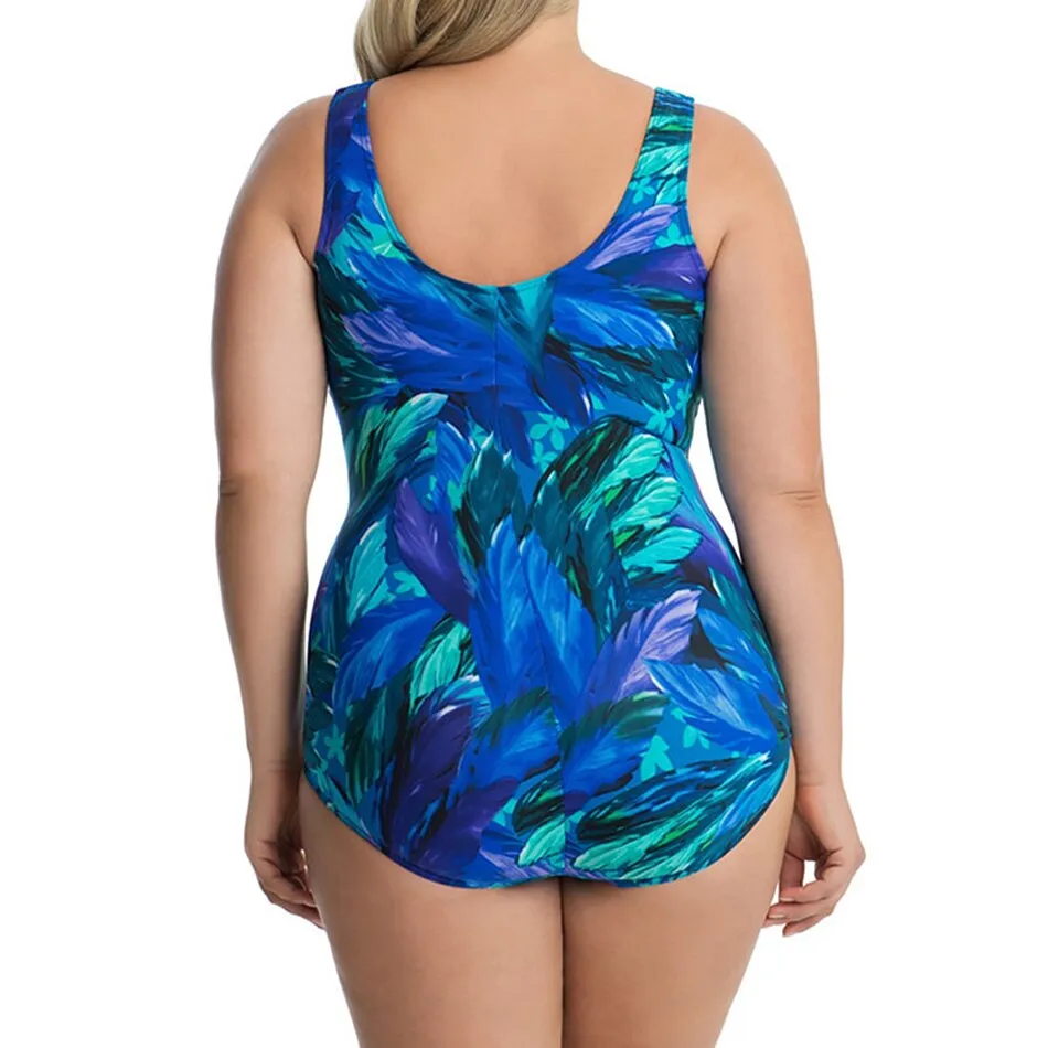 Plus Size Women's Blue One Piece Retro Style Printed Swimsuit