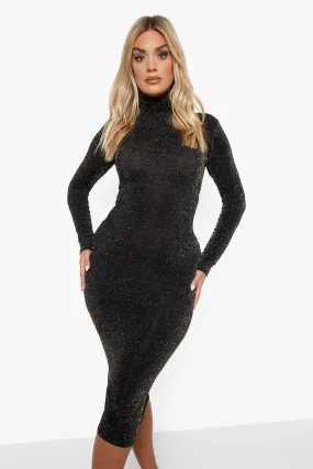 Plus Turtleneck Metallic Glitter Midi Dress