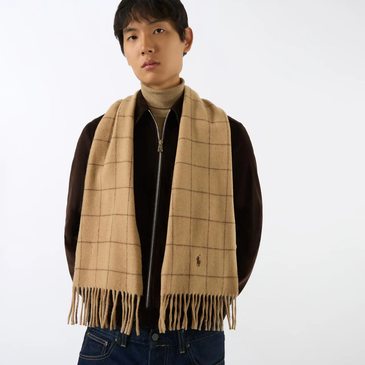 POLO RALPH LAUREN Windowpane-Check Logo Scarf - Camel Heather