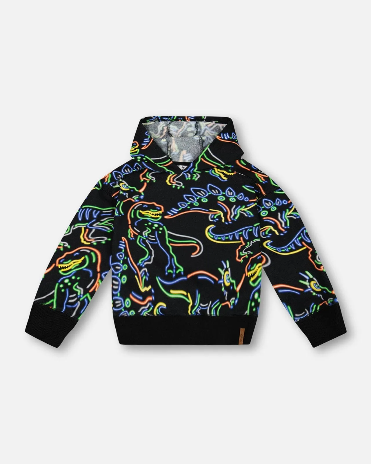 Printed Neon Dino Fleece Hooded Sweatshirt Black