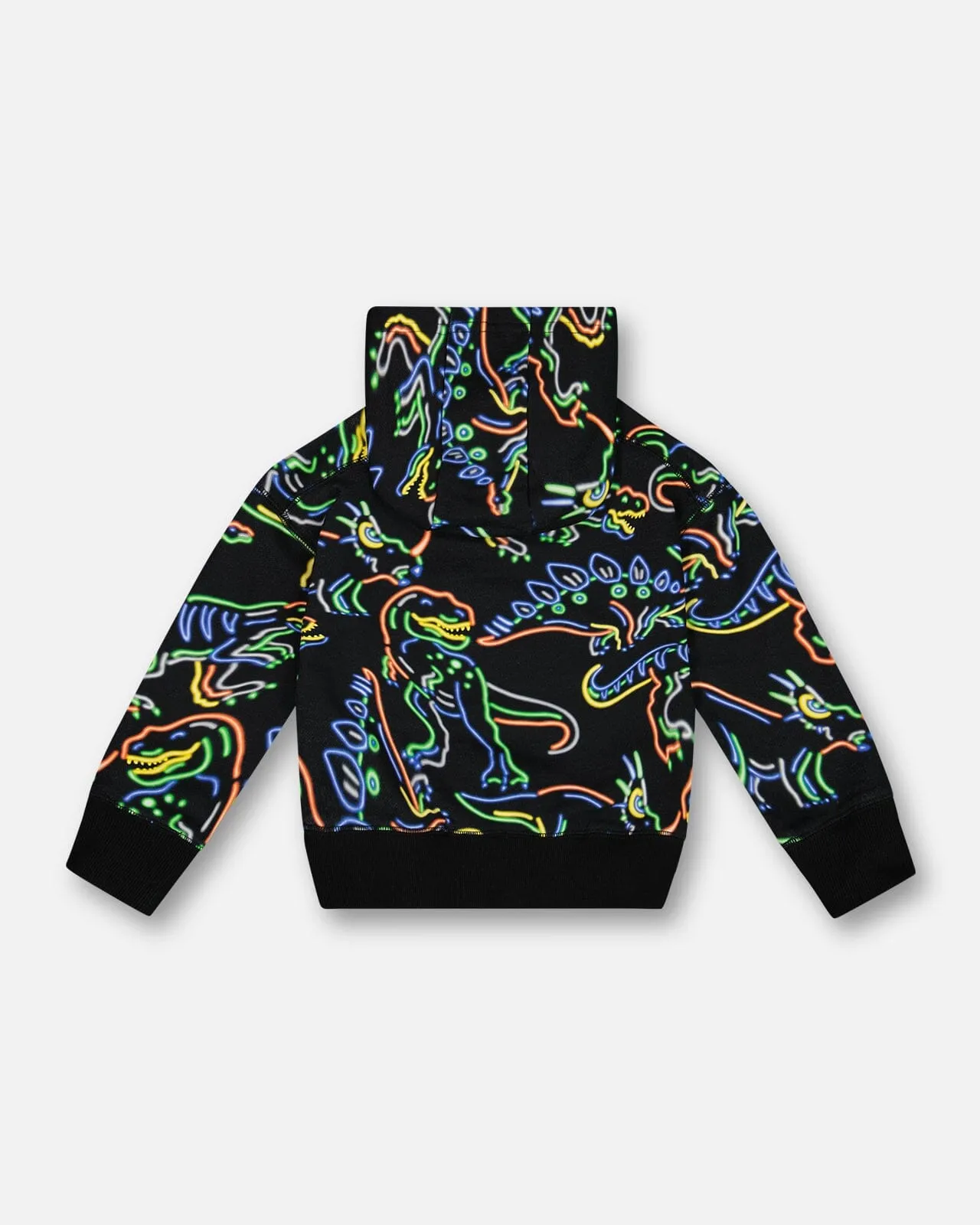 Printed Neon Dino Fleece Hooded Sweatshirt Black