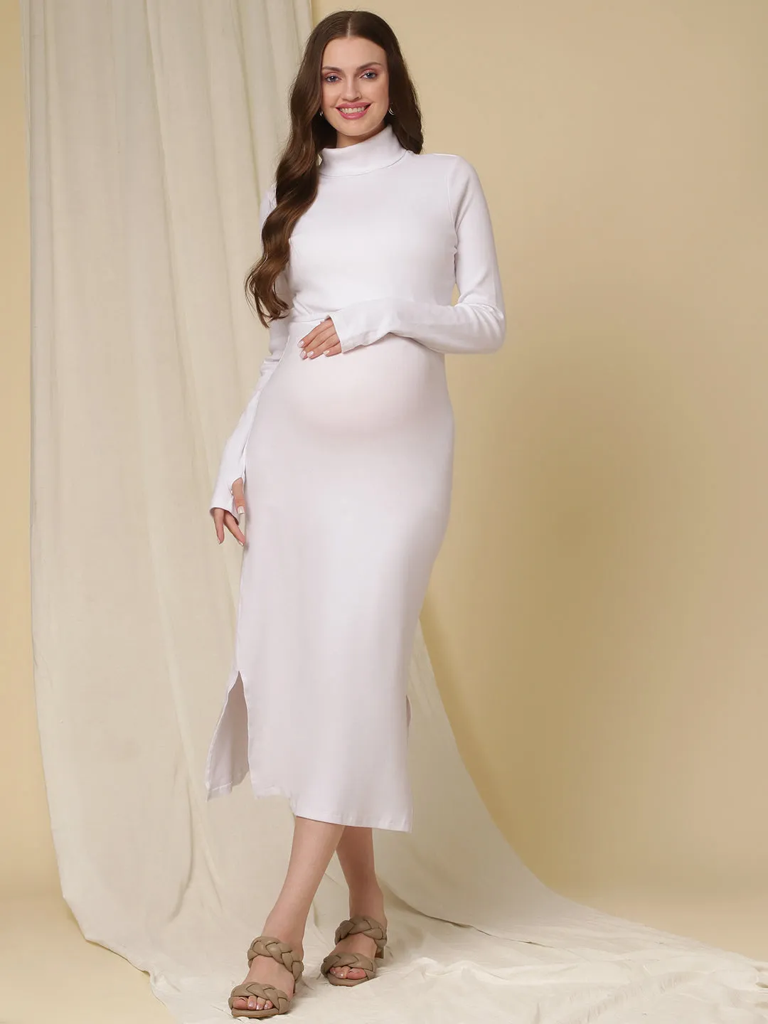 Rib Turtleneck White Feeding Dress