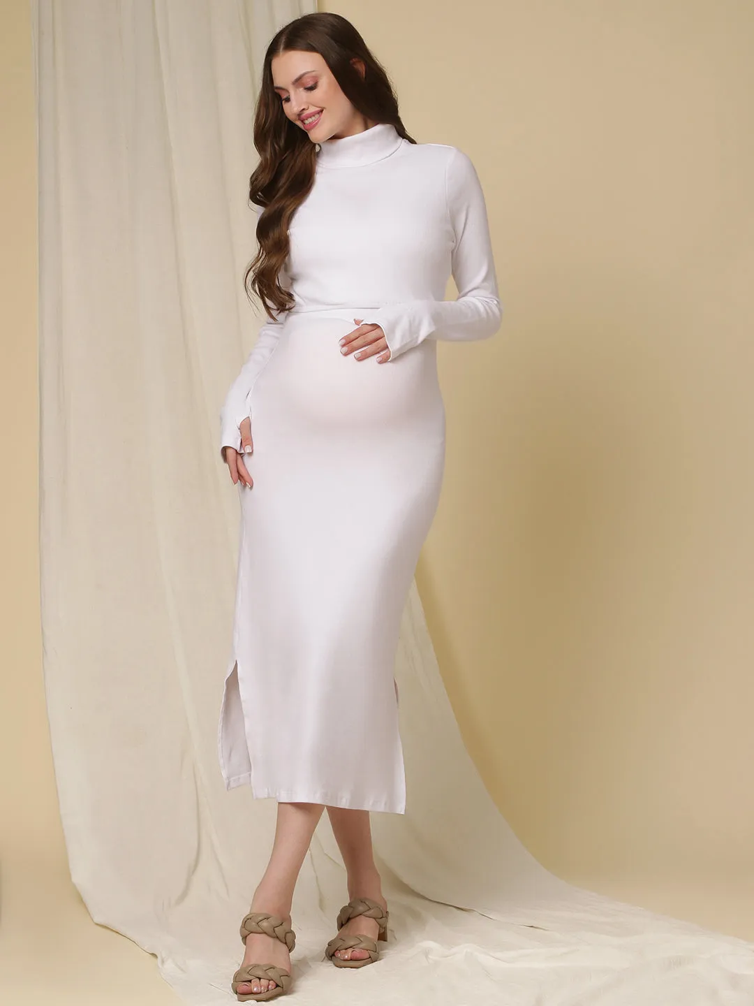 Rib Turtleneck White Feeding Dress