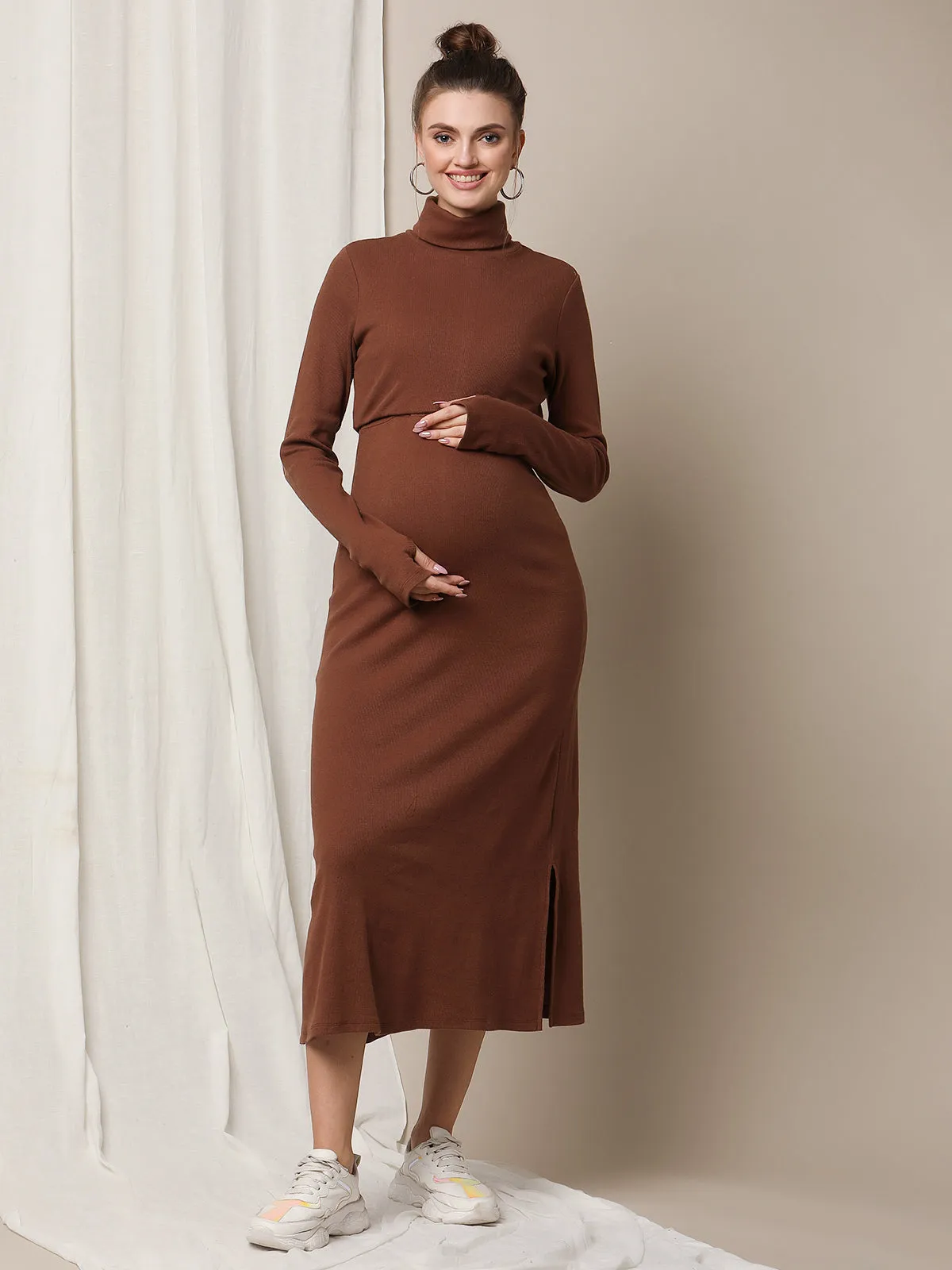 Rib Turtleneck White Feeding Dress