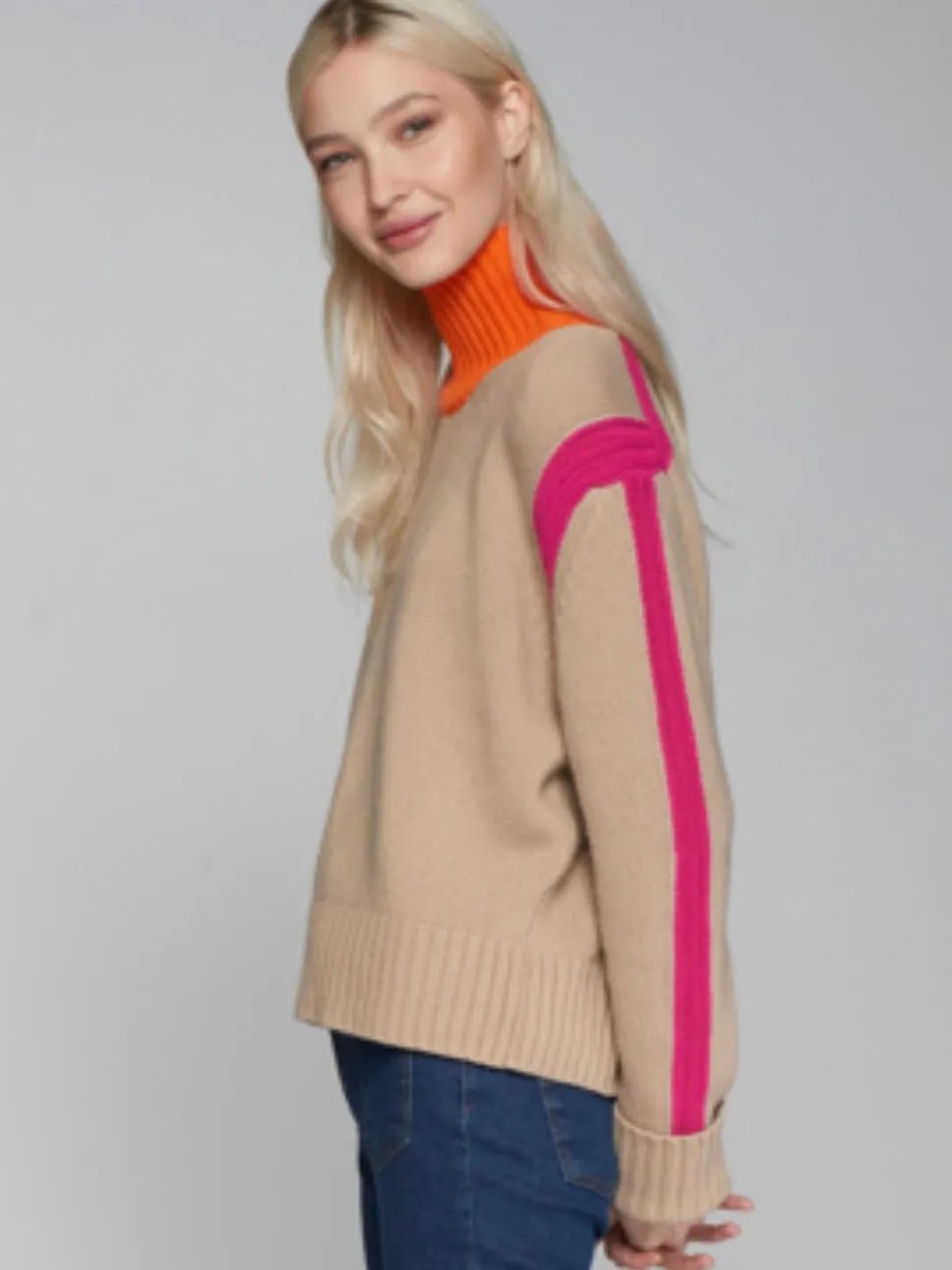 Sacs of Ashbourne   Vilagallo Beige Turtleneck Jumper with Orange & Pink Trim