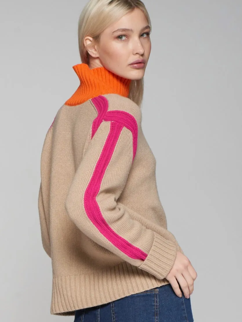 Sacs of Ashbourne   Vilagallo Beige Turtleneck Jumper with Orange & Pink Trim