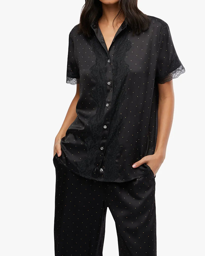 Silky Lace Short Sleeve Button Up | Black x Buff