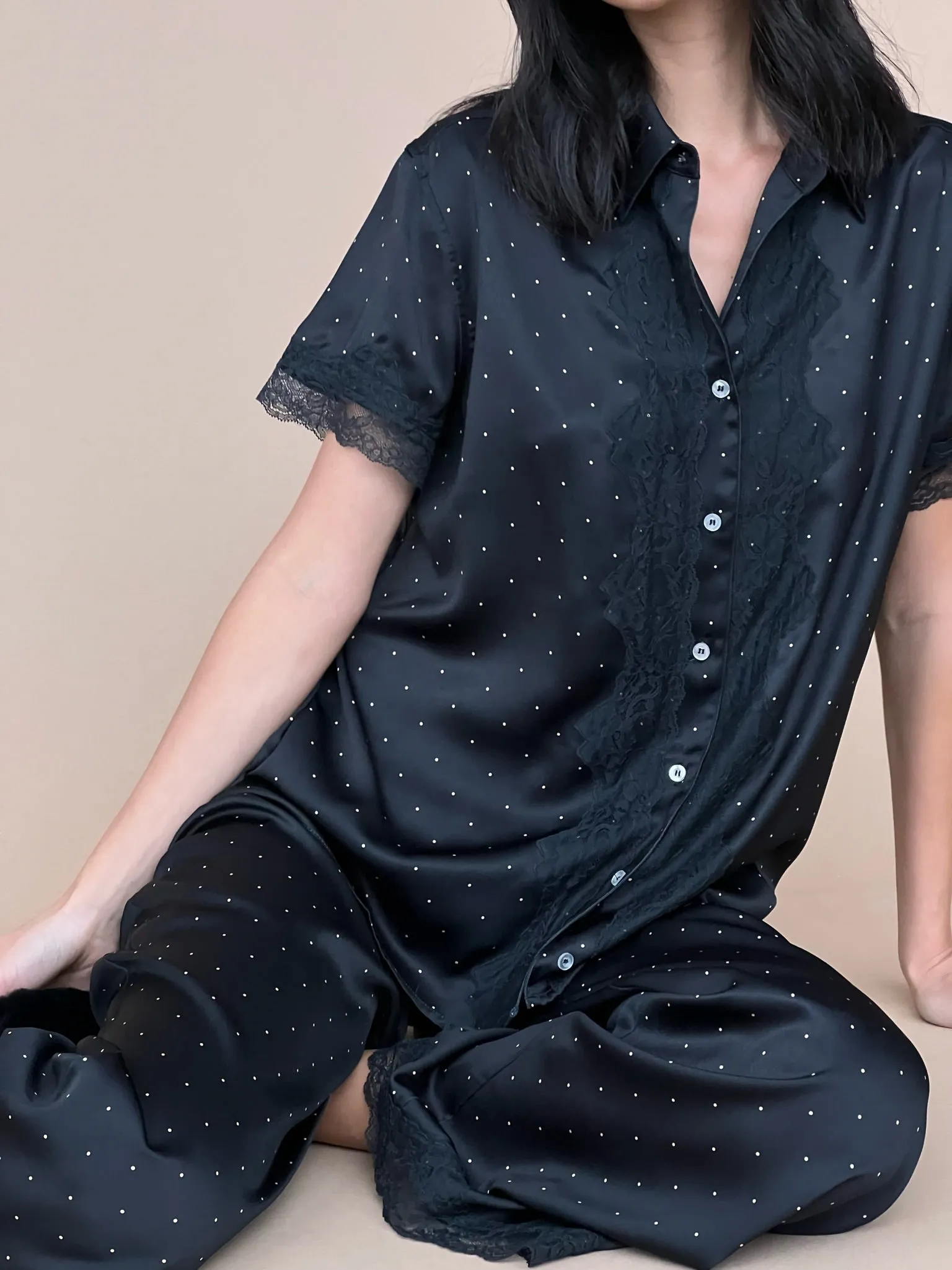 Silky Lace Short Sleeve Button Up | Black x Buff