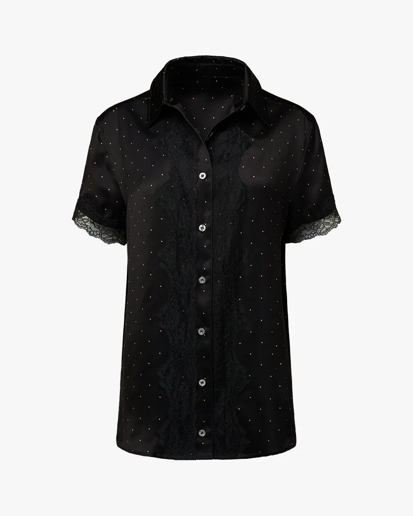 Silky Lace Short Sleeve Button Up | Black x Buff