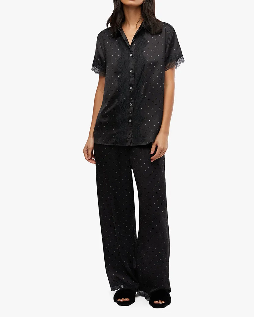 Silky Lace Short Sleeve Button Up | Black x Buff