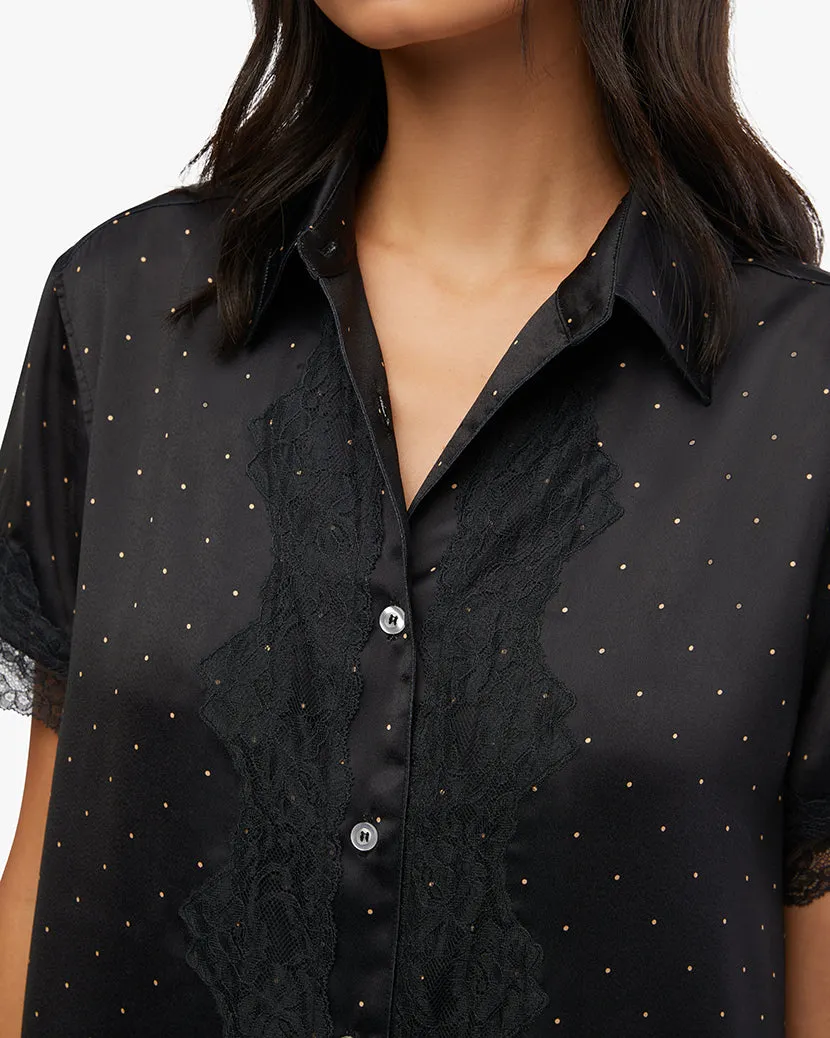 Silky Lace Short Sleeve Button Up | Black x Buff