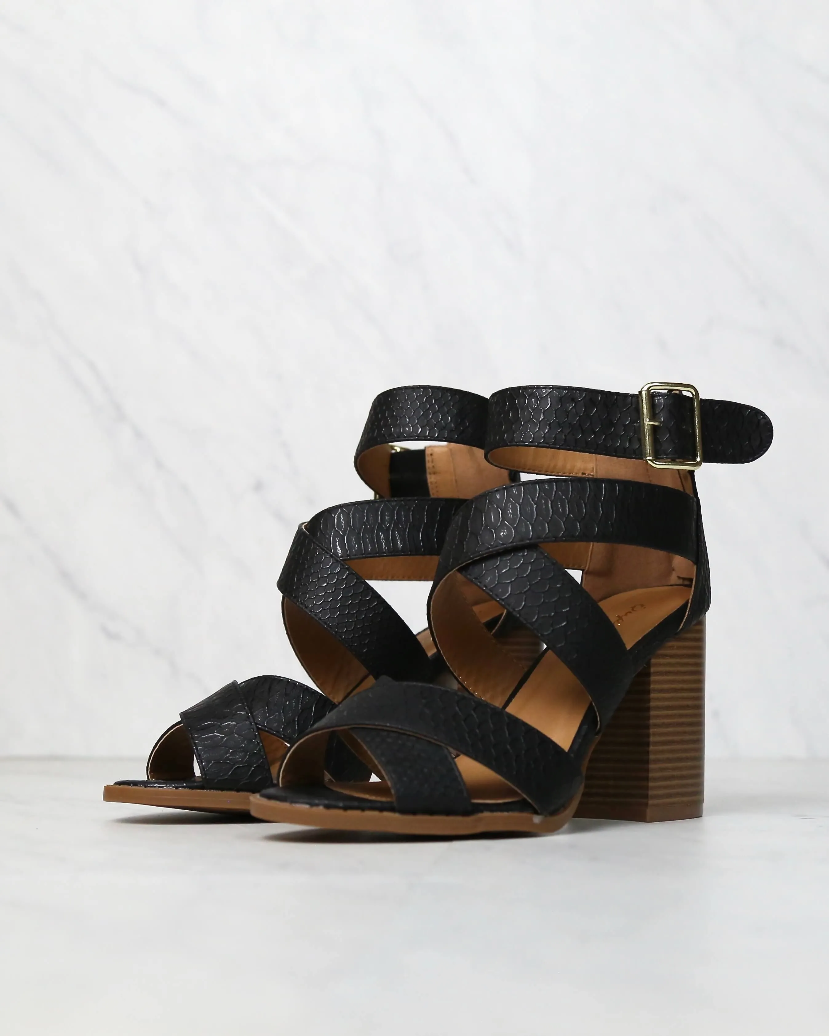 Sneaky Snake Textured Strappy Peep Toe Heeled Sandals in Black