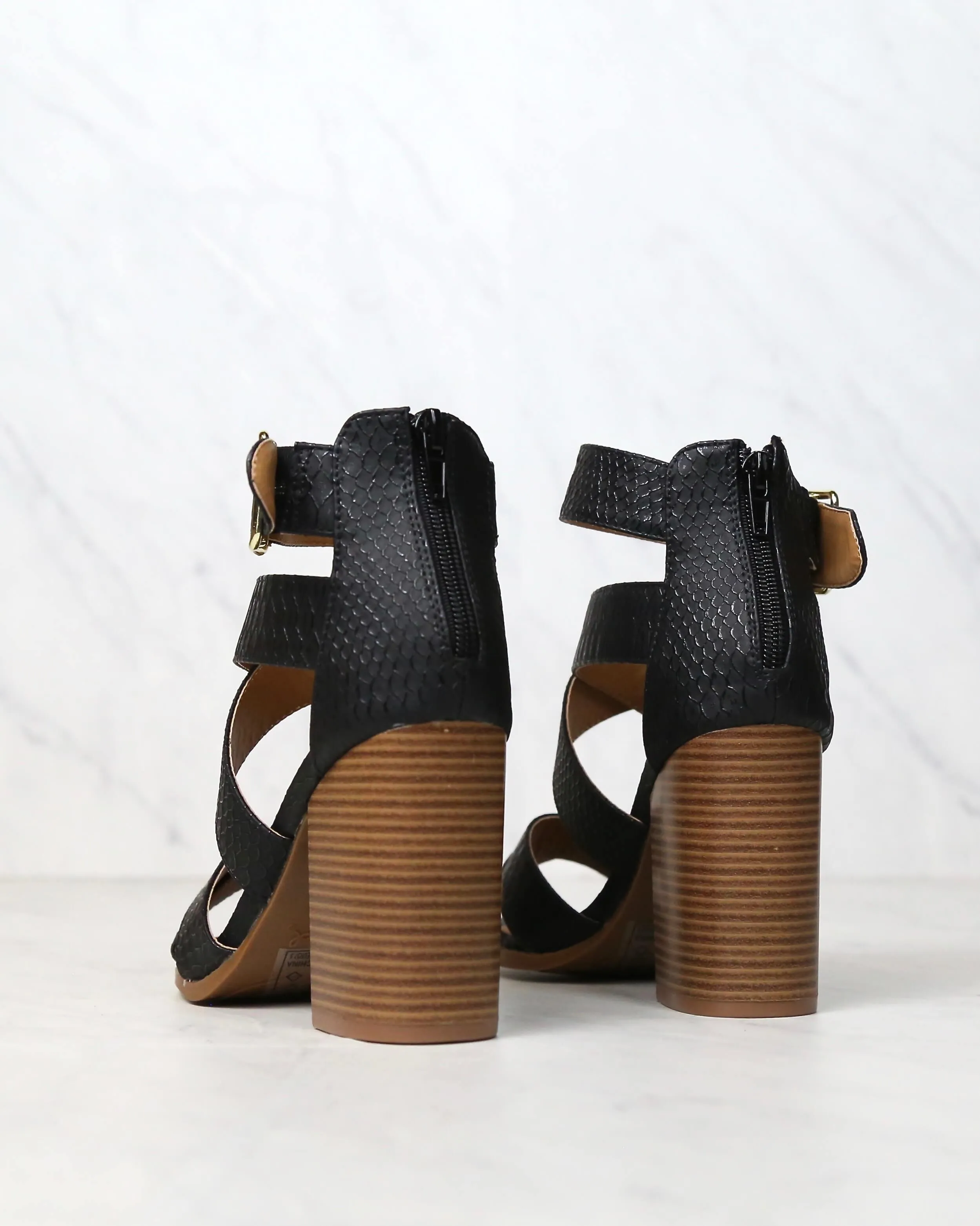 Sneaky Snake Textured Strappy Peep Toe Heeled Sandals in Black