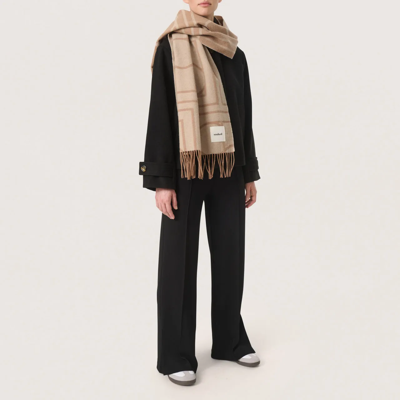 SOAKED IN LUXURY ONLINE EXCLUSIVE Pentile Monogram Print Fringe  Scarf - Burro Monogram