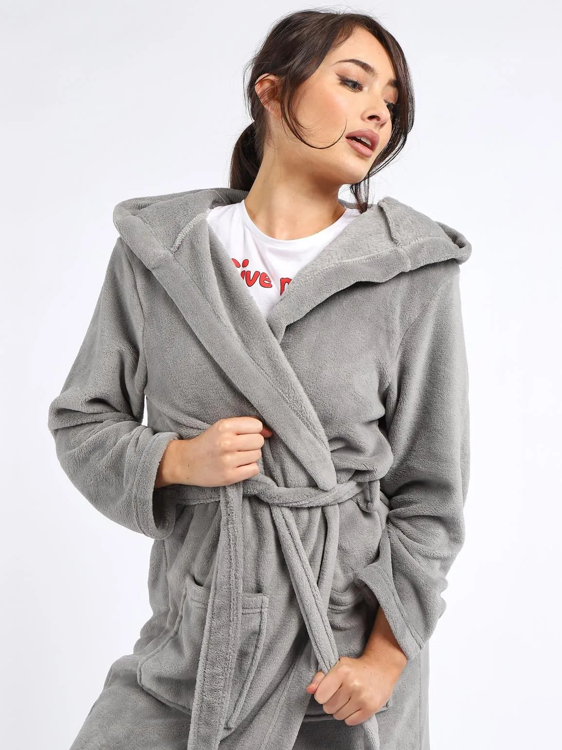 Soft Sherpa Fleece Nightwear Dressing Gown Bathrobe, Rose, Grey, UK sizes 8 to 18