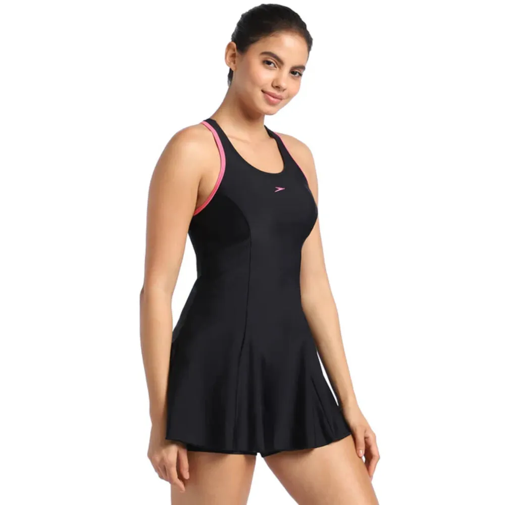 Speedo Women's AF Racerback Swimdress with Boyleg (Black/Fandango Pink)