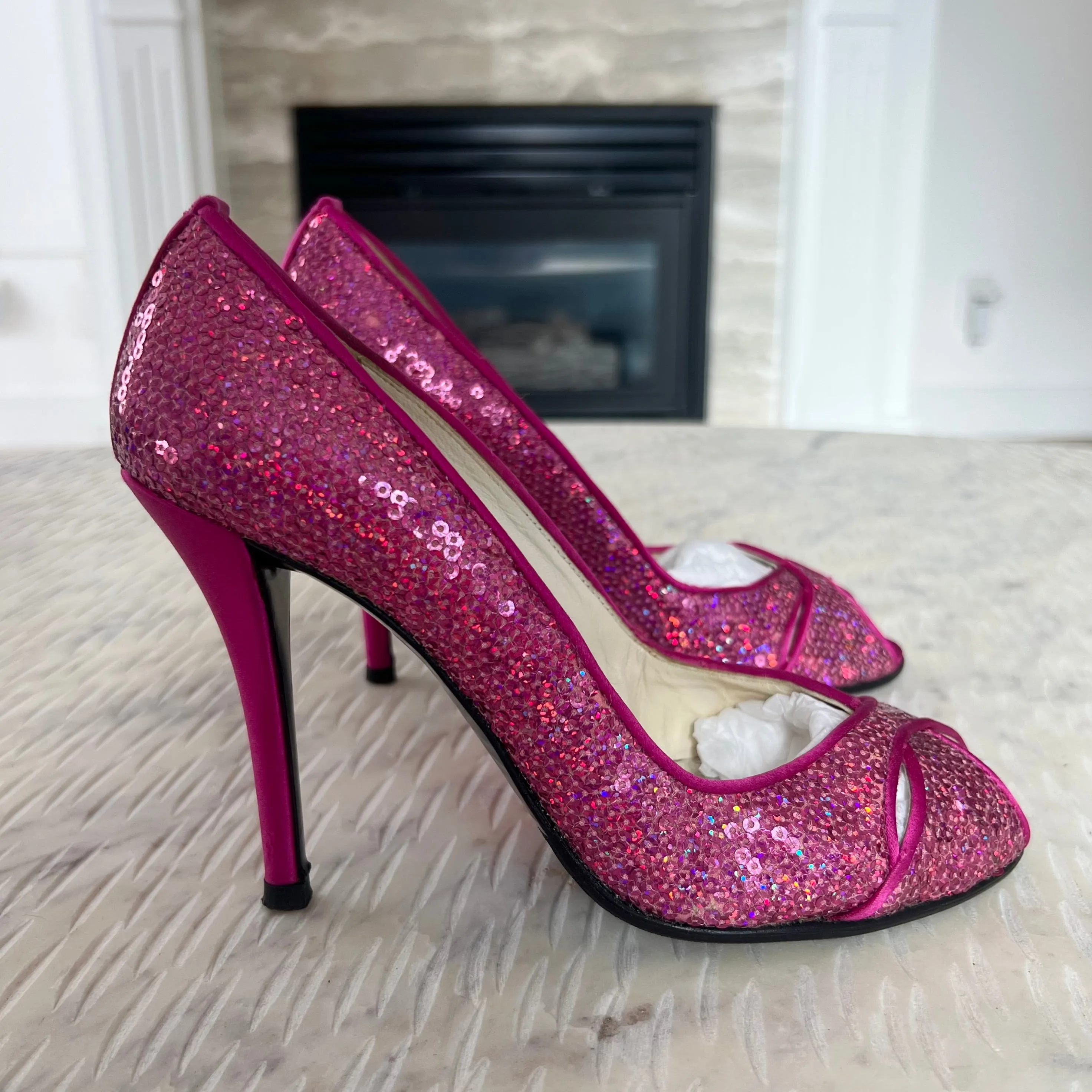 Stuart Weitzman-Fuchsia Pipesashay Sequin Peep Toe Pump