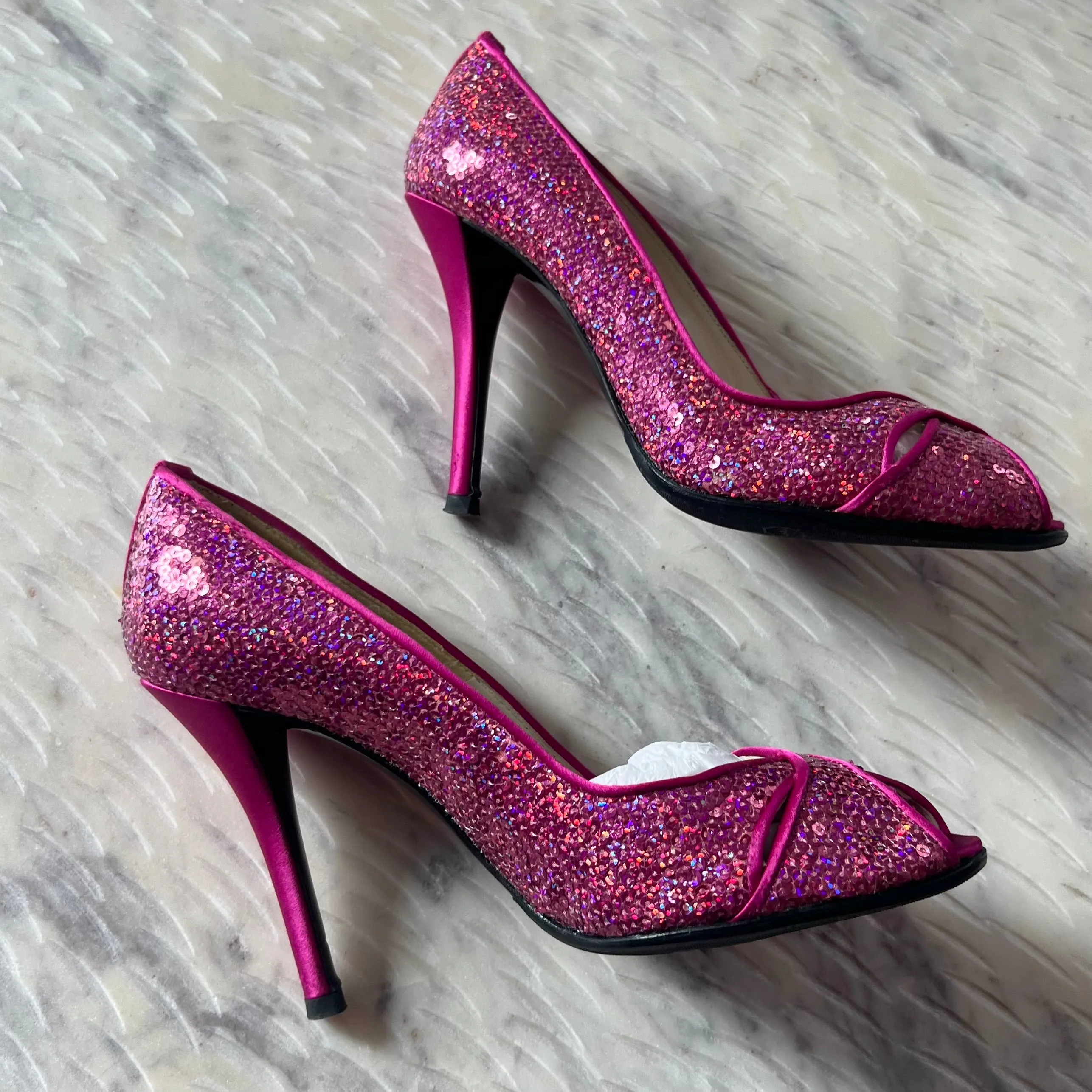 Stuart Weitzman-Fuchsia Pipesashay Sequin Peep Toe Pump