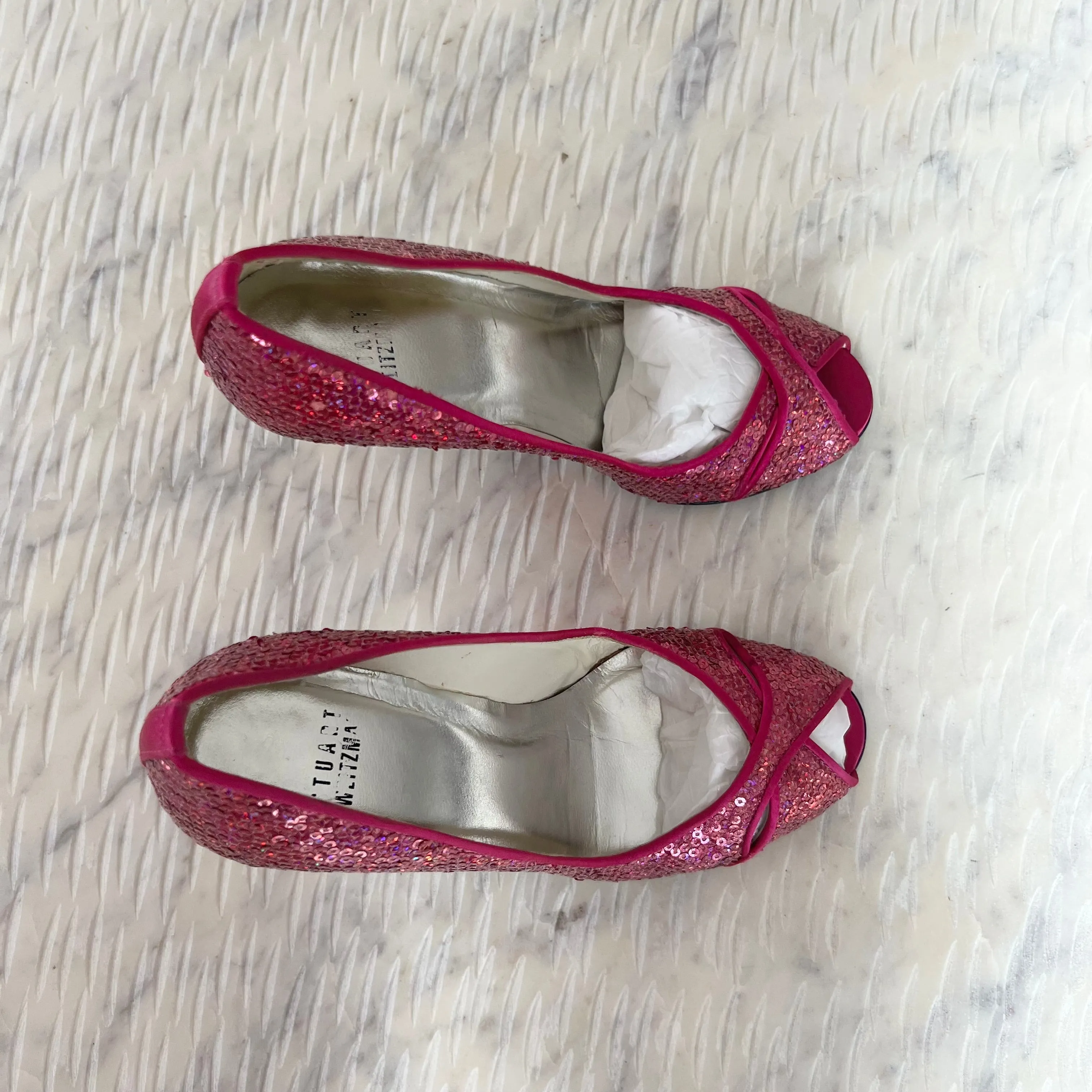 Stuart Weitzman-Fuchsia Pipesashay Sequin Peep Toe Pump