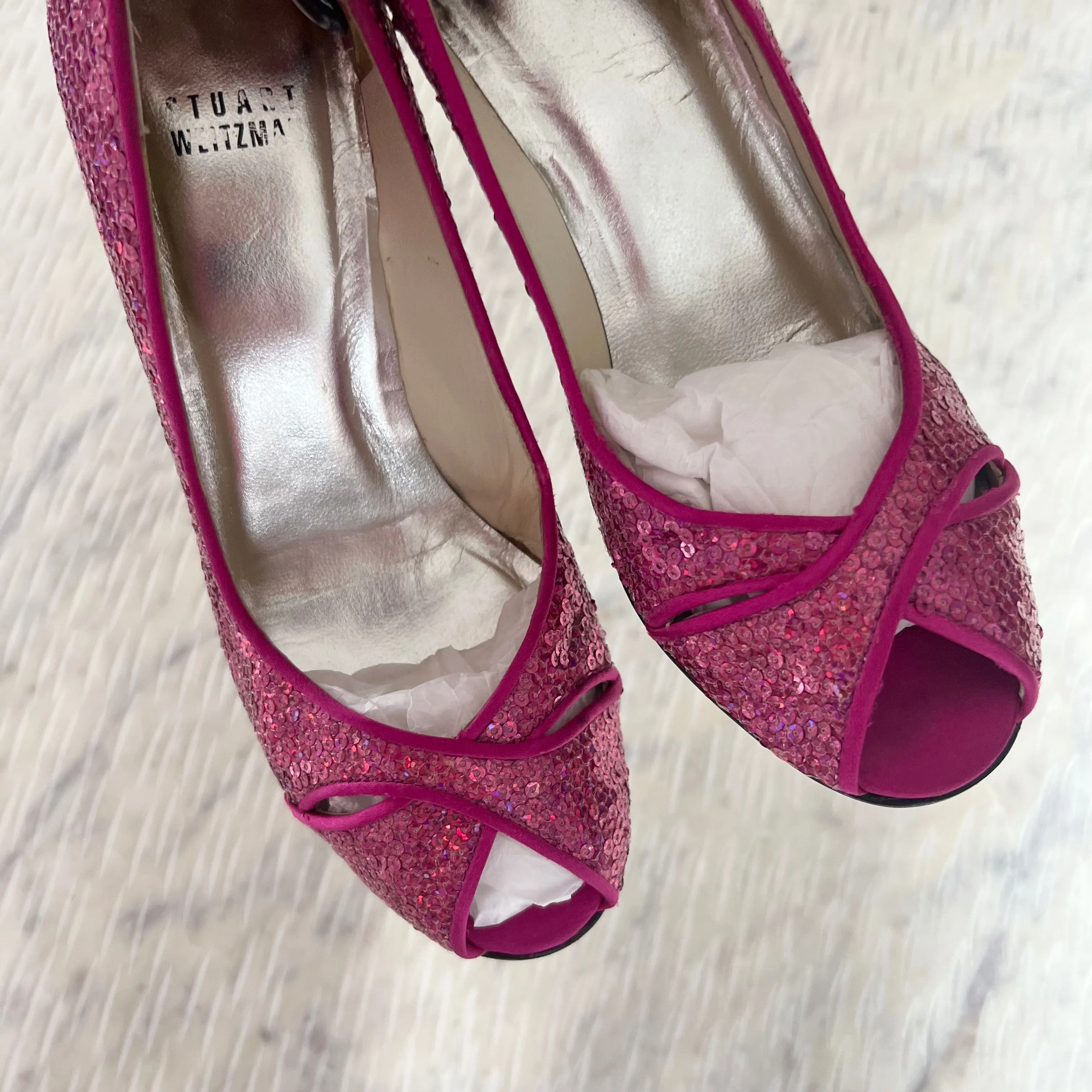 Stuart Weitzman-Fuchsia Pipesashay Sequin Peep Toe Pump