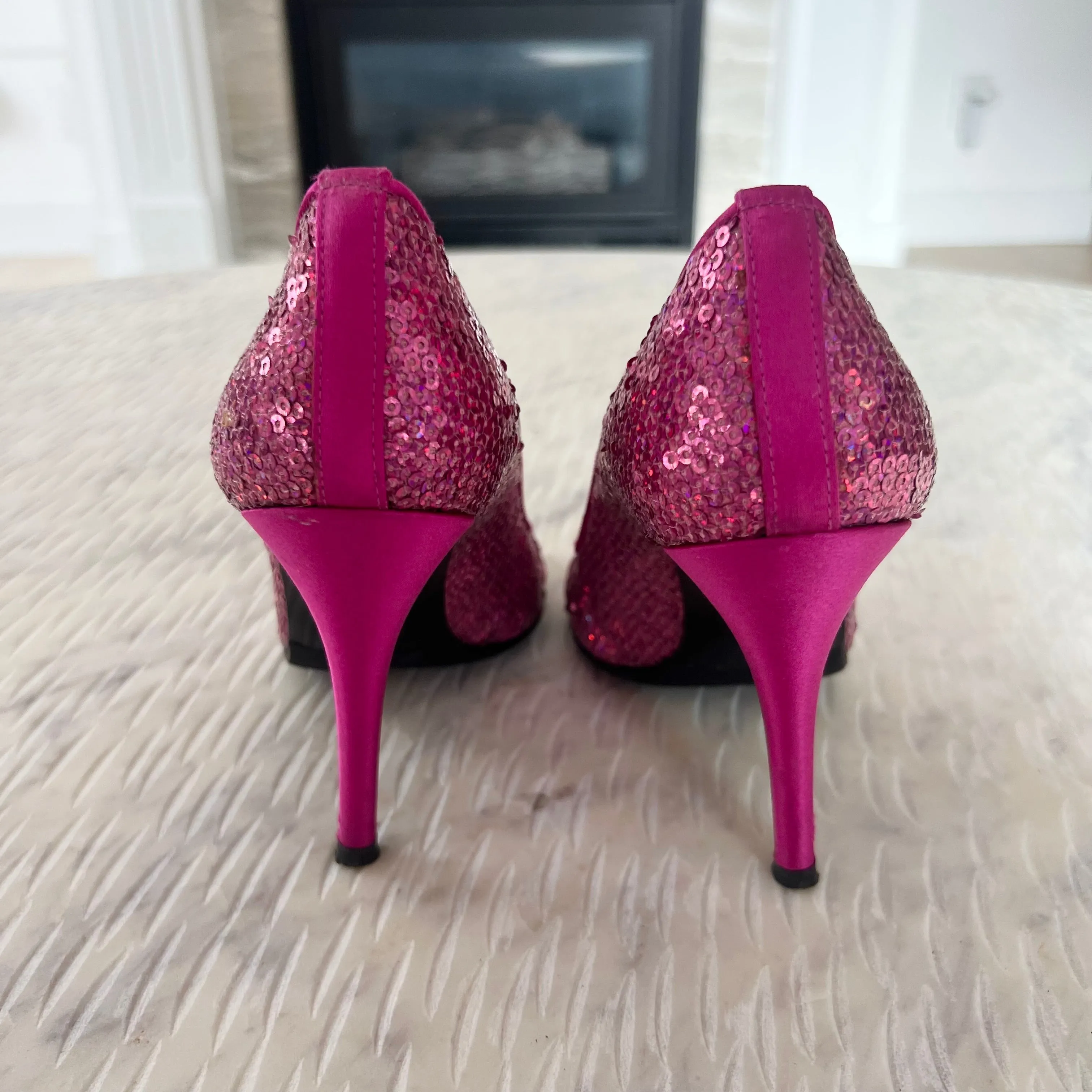 Stuart Weitzman-Fuchsia Pipesashay Sequin Peep Toe Pump