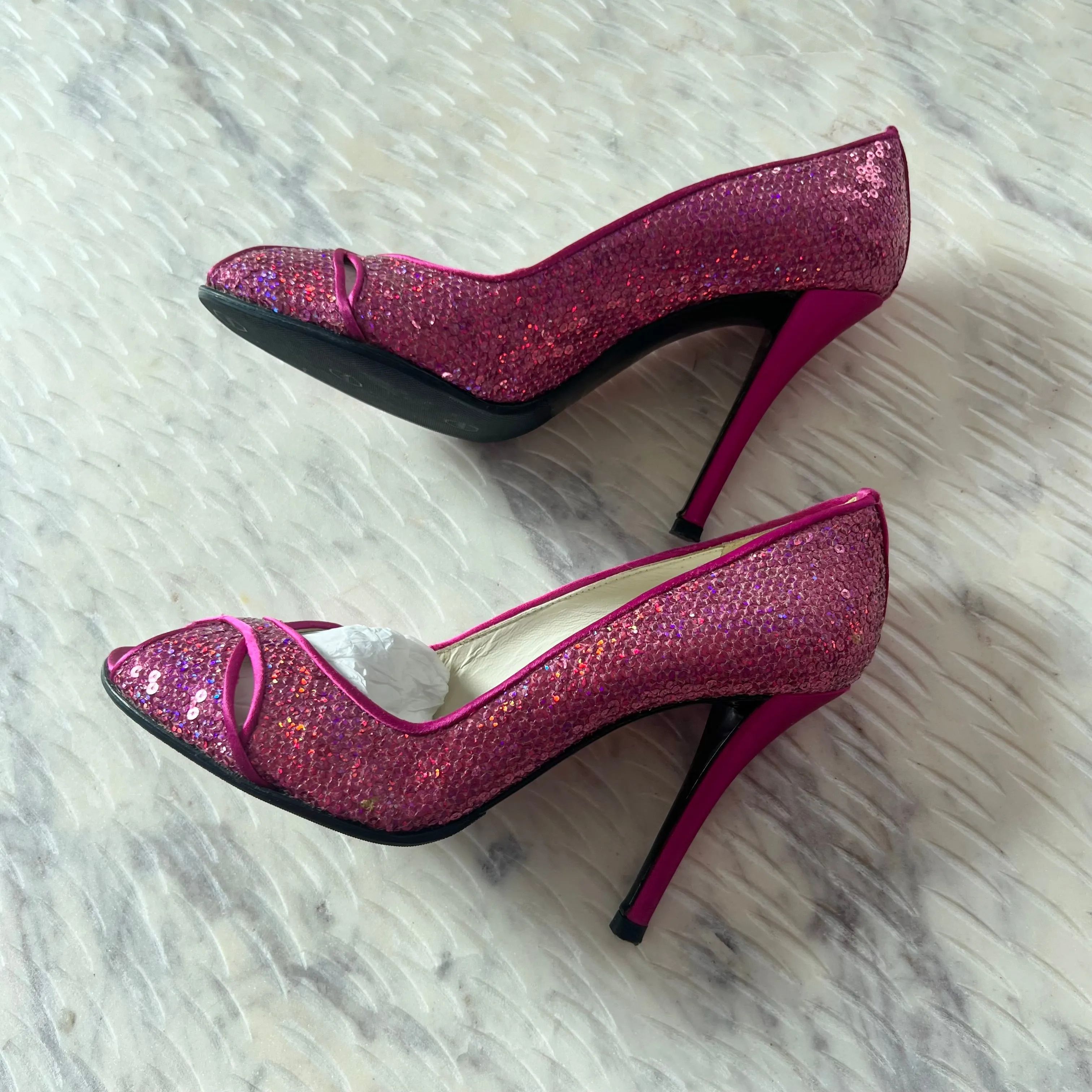 Stuart Weitzman-Fuchsia Pipesashay Sequin Peep Toe Pump