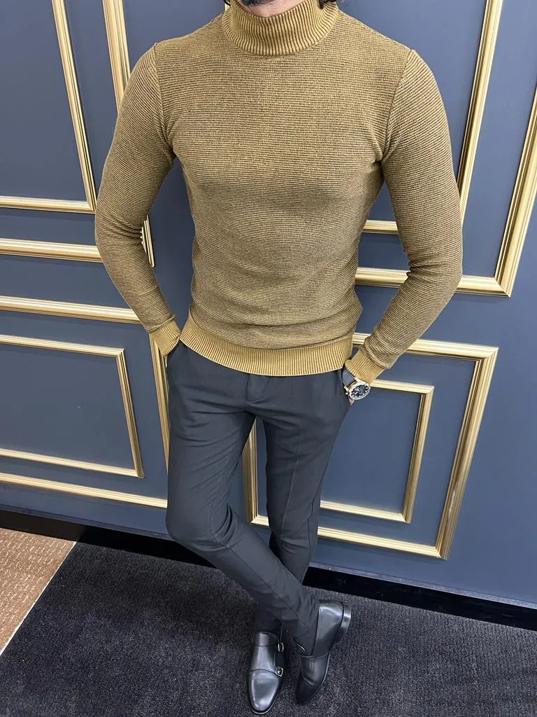 Thread Slim Fit Custom Design Half Collared Camel Turtleneck