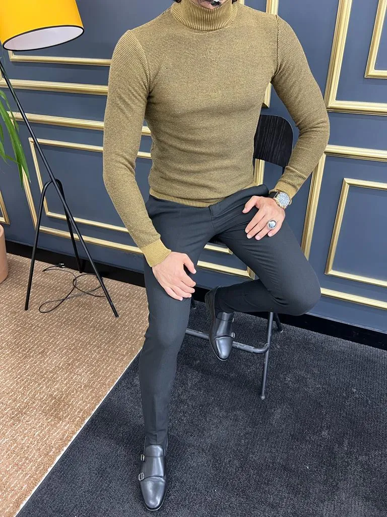 Thread Slim Fit Custom Design Half Collared Camel Turtleneck