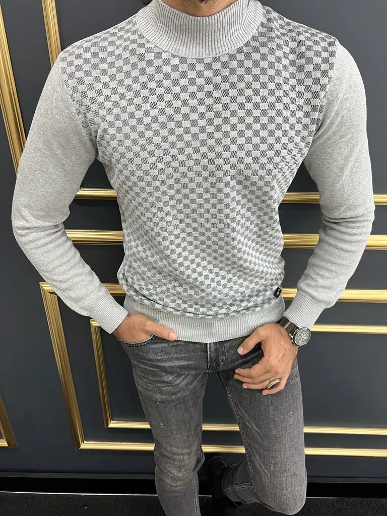 Thread Slim Fit Custom Design Half Collared Textured Plaid Grey Turtleneck