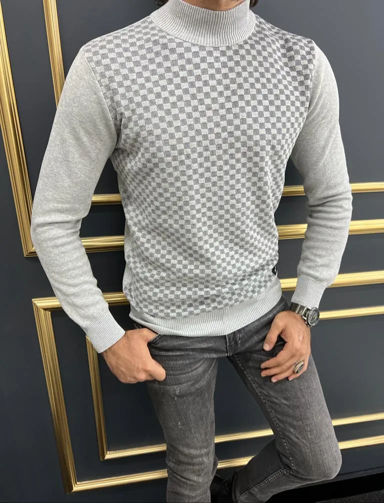 Thread Slim Fit Custom Design Half Collared Textured Plaid Grey Turtleneck