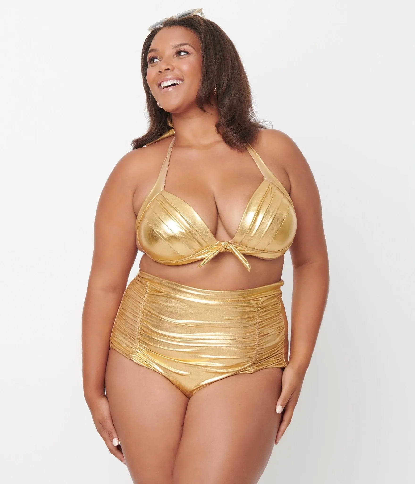 Unique Vintage Plus Size Gold Monroe High Waist Swim Bottom