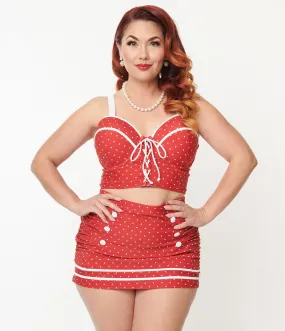 Unique Vintage Plus Size Red Pin Dot Lace Up Swim Top