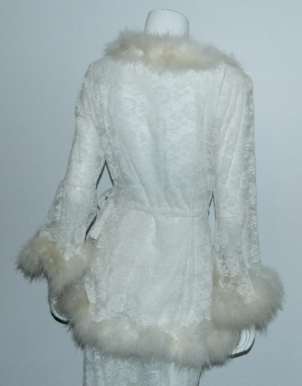 vintage GLYDONS of Hollywood white lace pajamas Marabou trim short robe pants set M