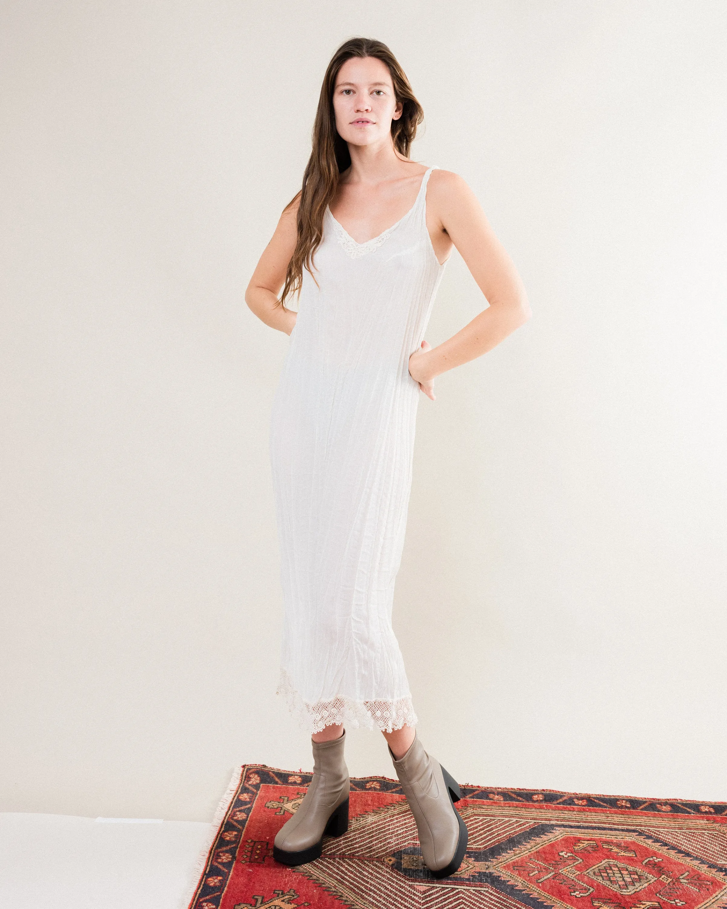 Vintage White Crinkle Slip Dress (S)