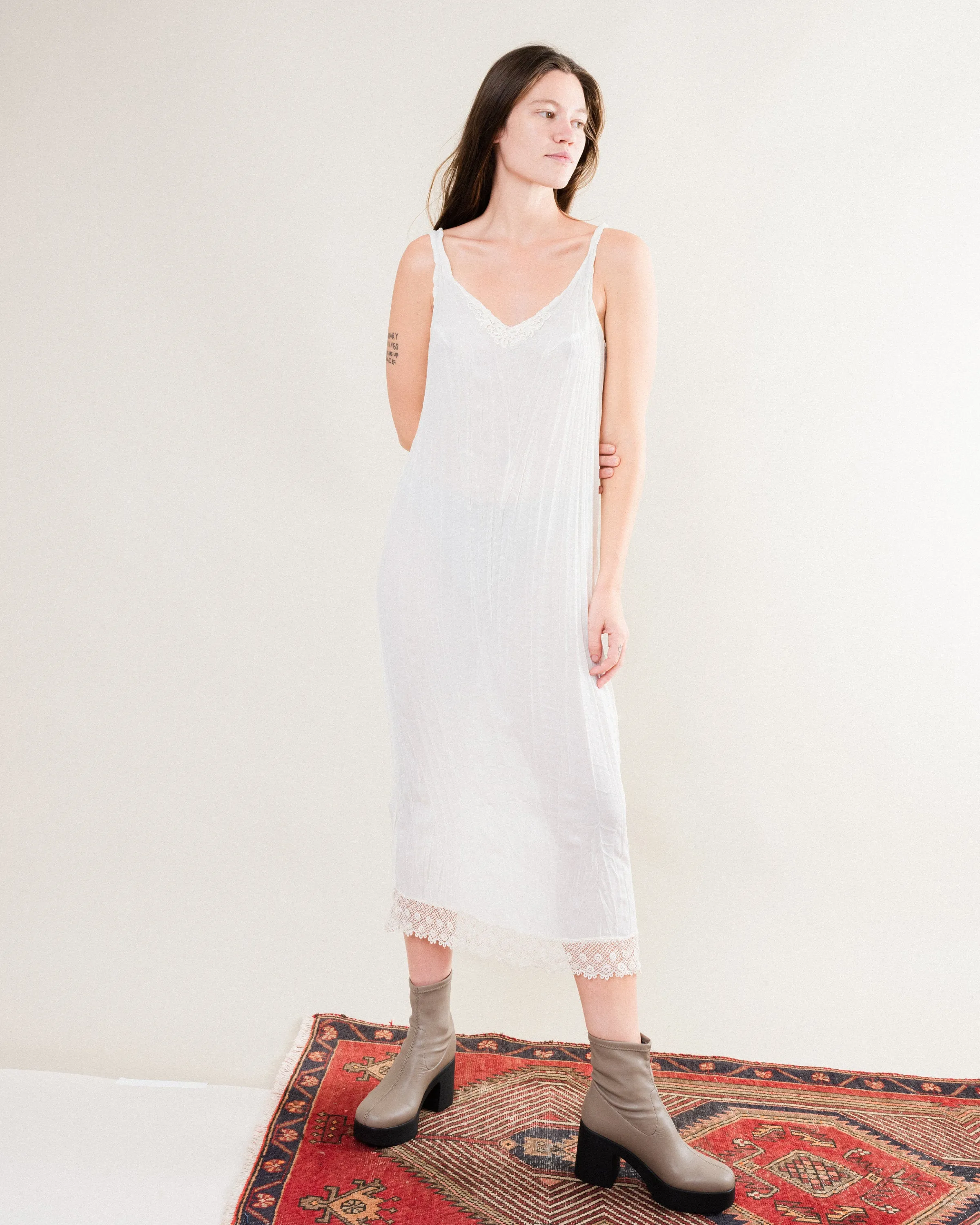 Vintage White Crinkle Slip Dress (S)