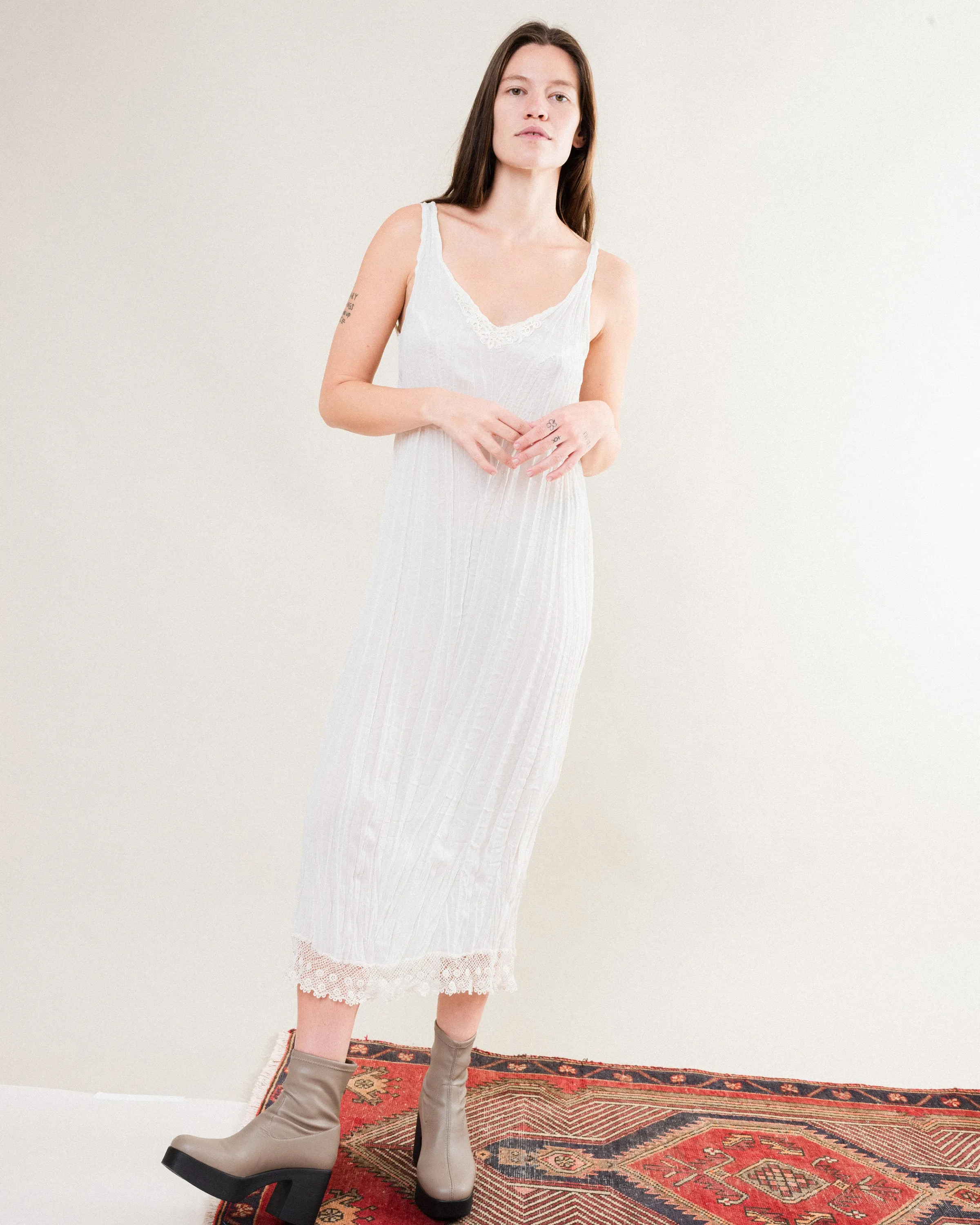 Vintage White Crinkle Slip Dress (S)