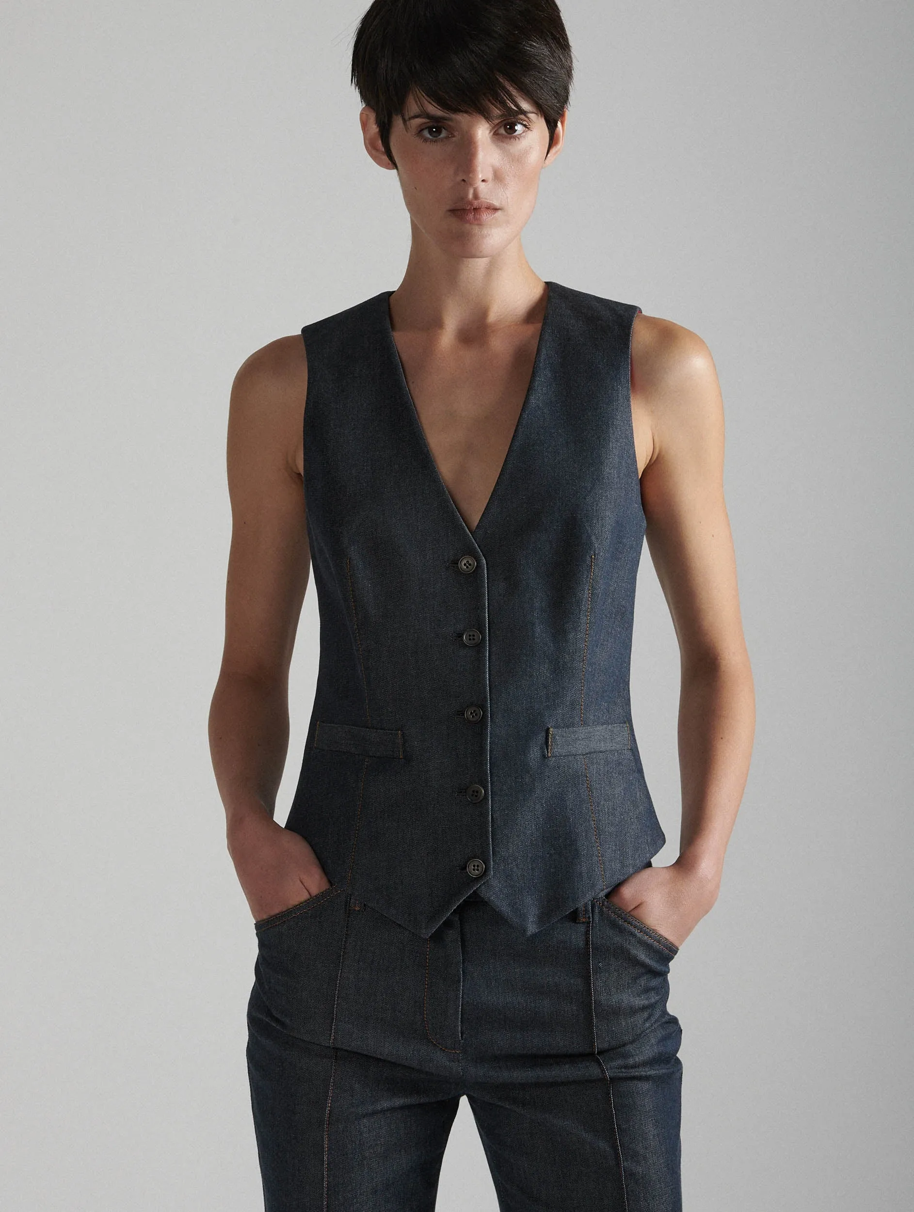 Washed denim suit vest