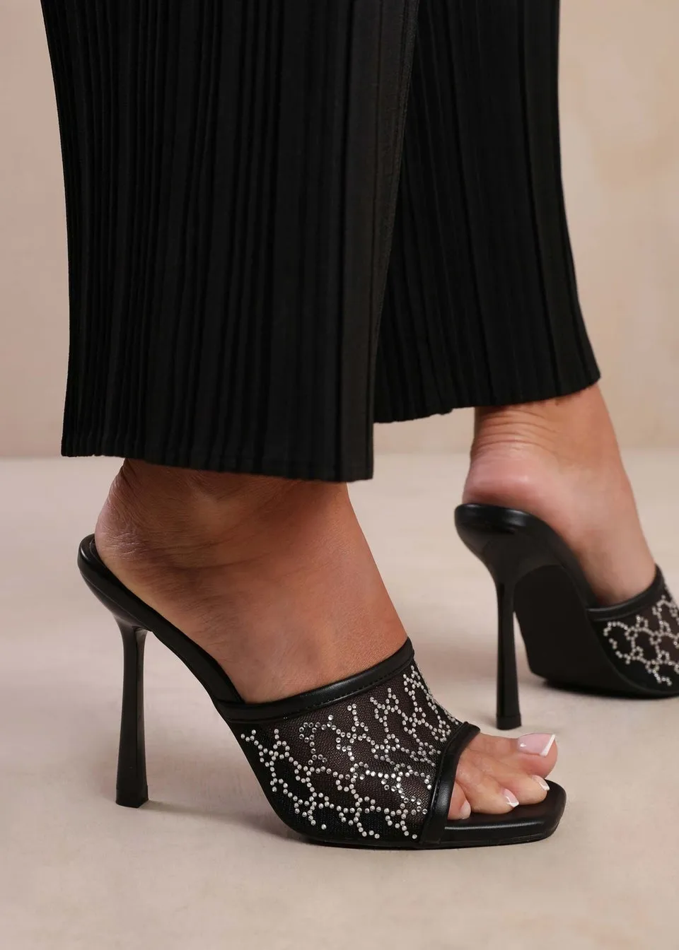 Where's That From Lisbon Black Diamante Mesh Peep Toe Mules