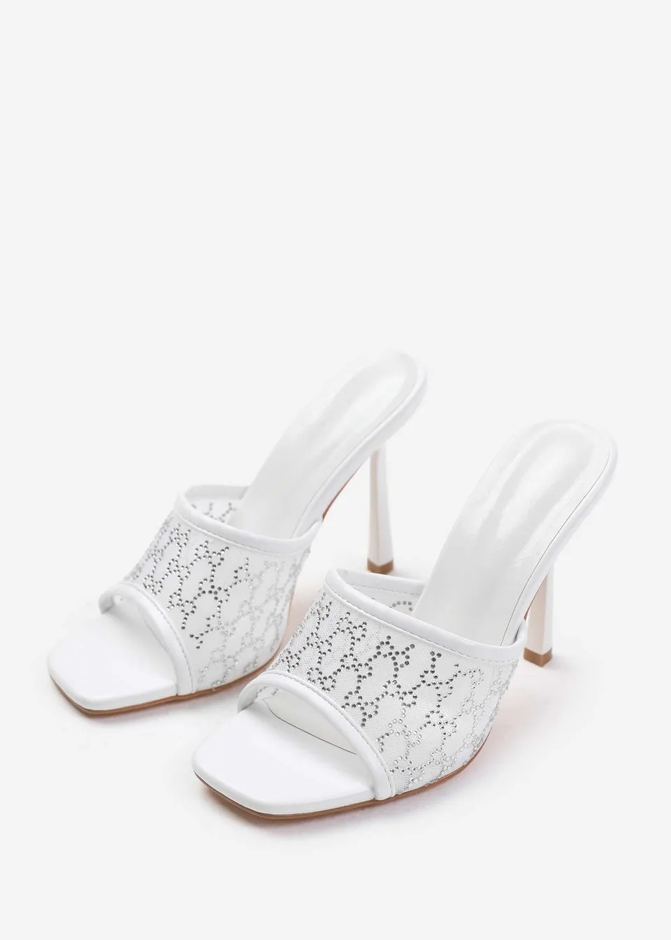 Where's That From Lisbon White Diamante Mesh Peep Toe Mules