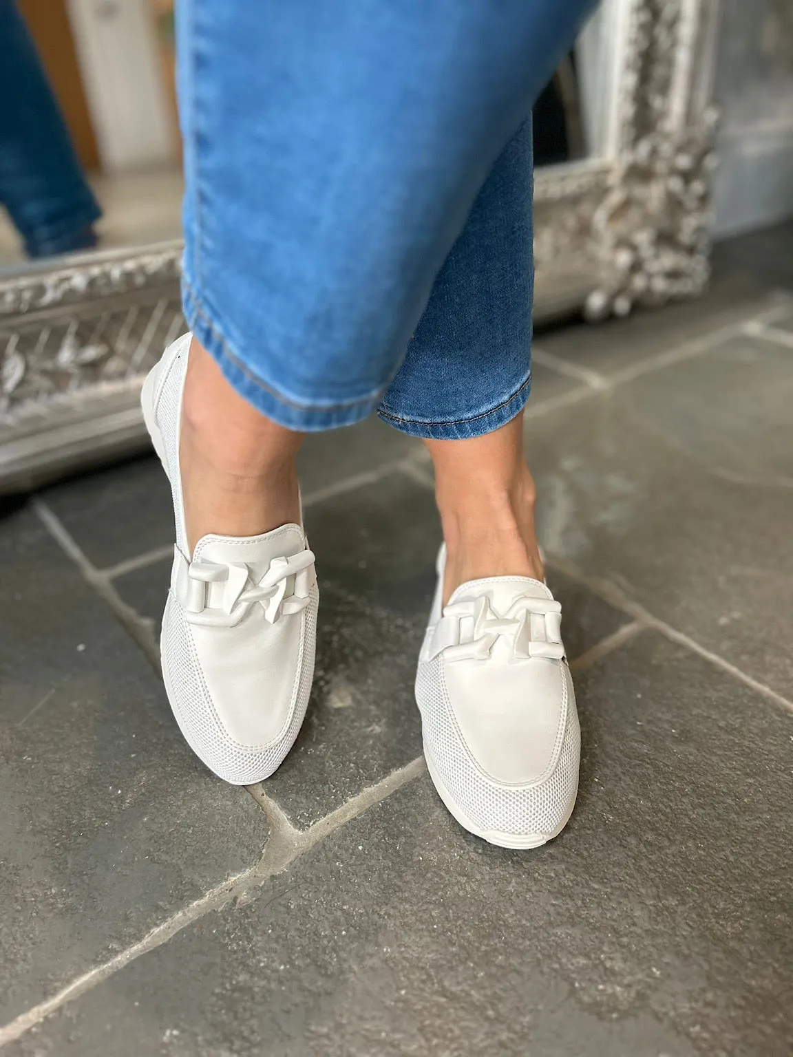 White Chain Detail Mesh Loafer