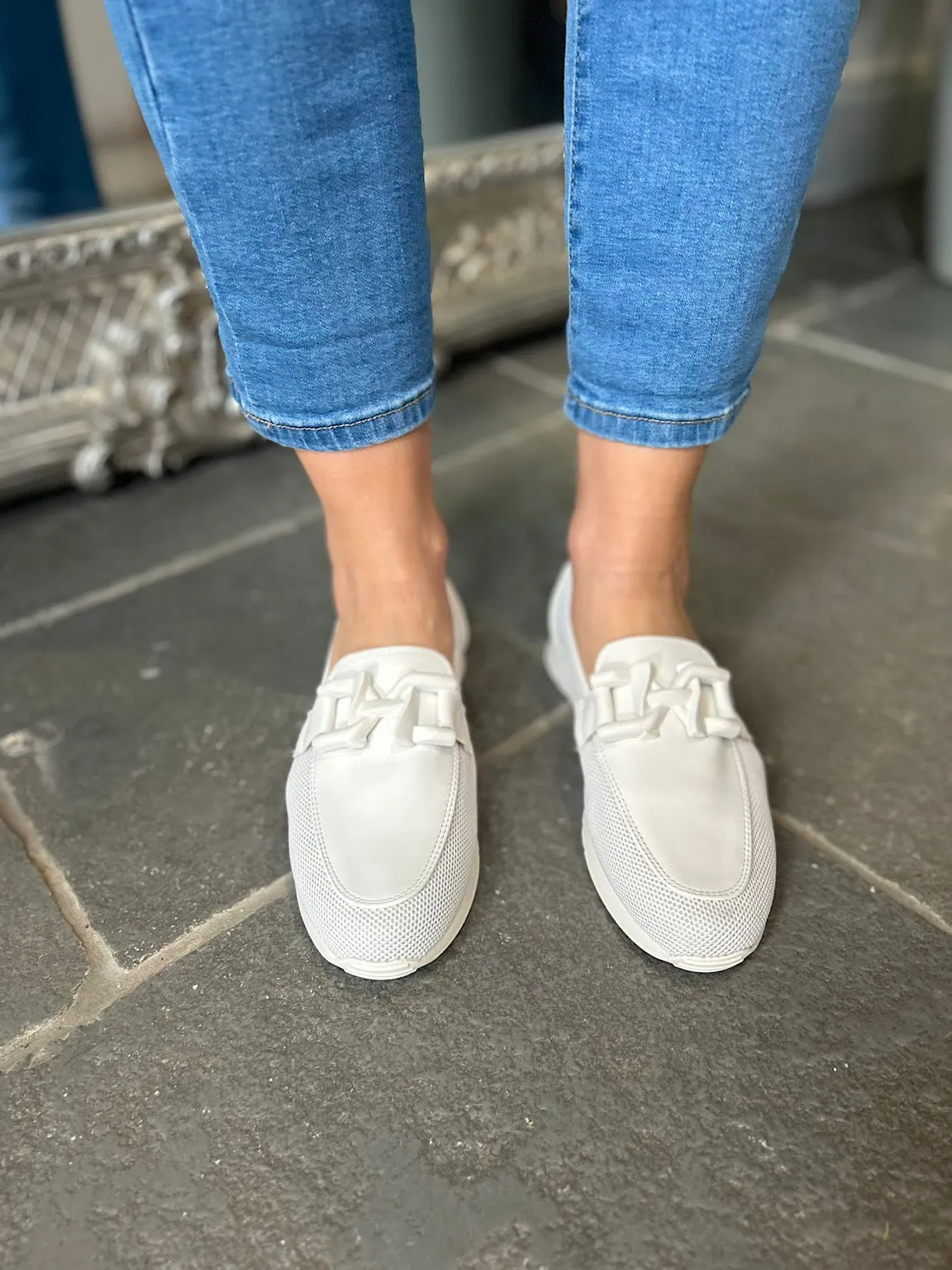 White Chain Detail Mesh Loafer