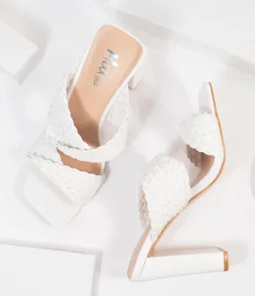 White Woven Leatherette Peep Toe Heels