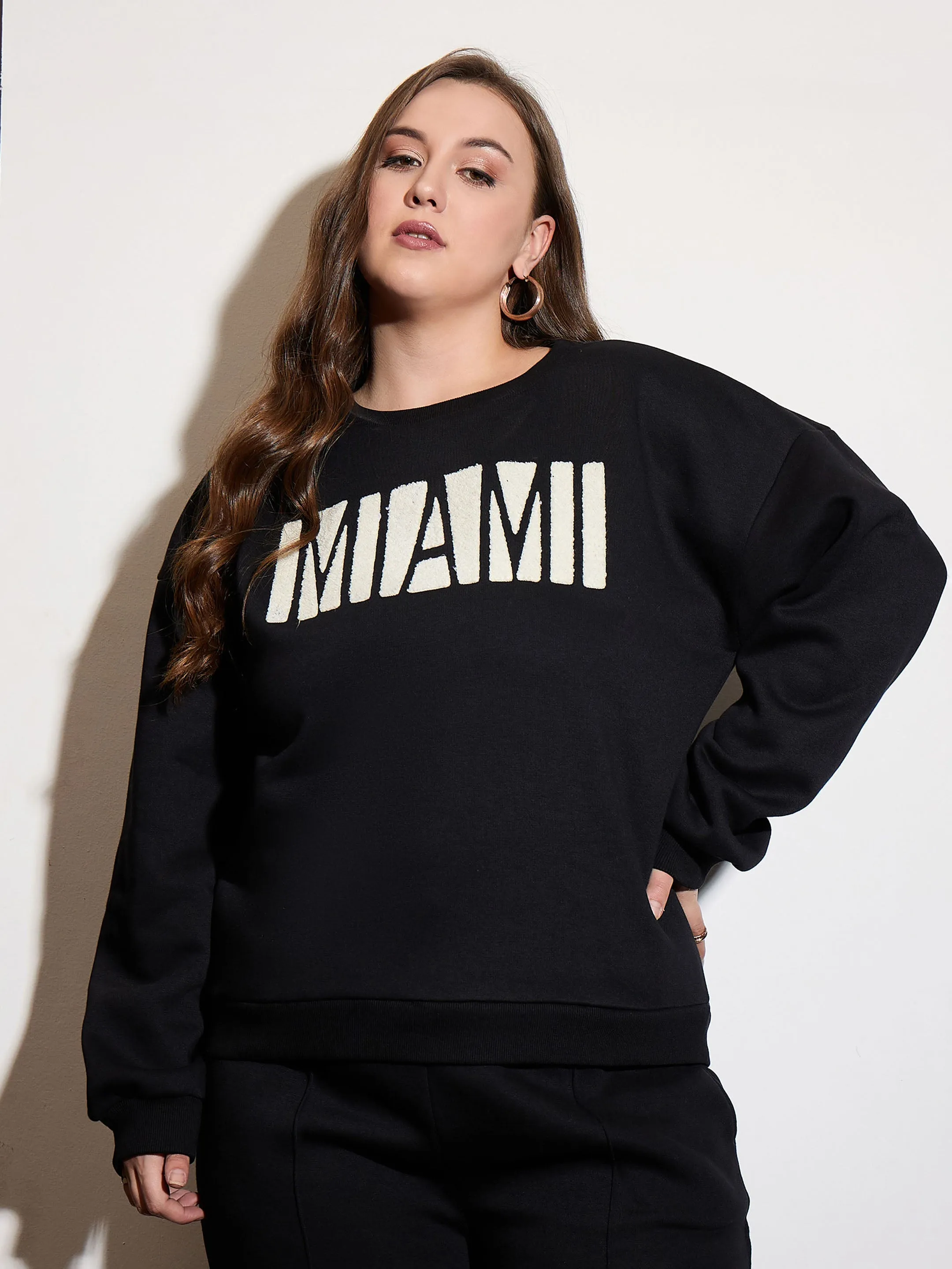 Women Black Fleece MIAMI Emb Sweatshirt With Sweatpants