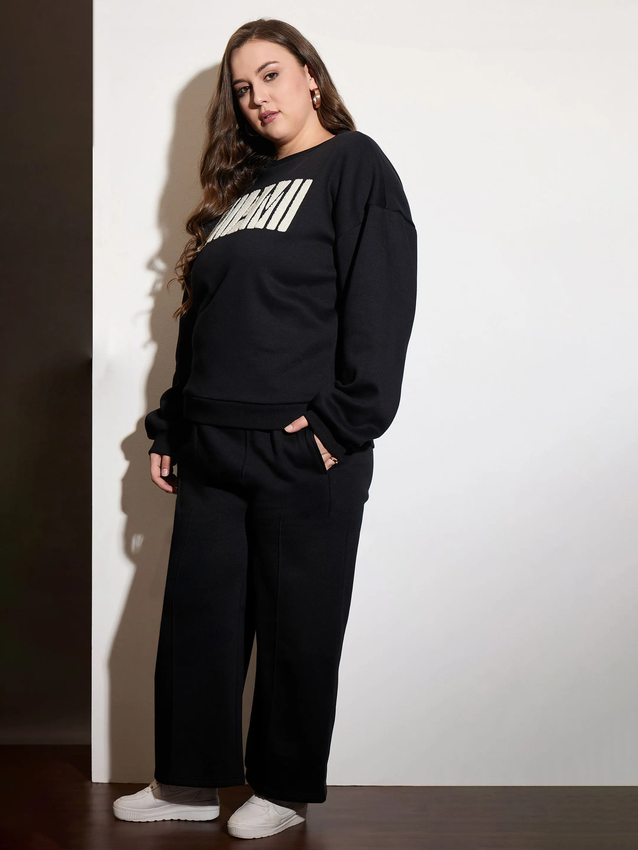 Women Black Fleece MIAMI Emb Sweatshirt With Sweatpants