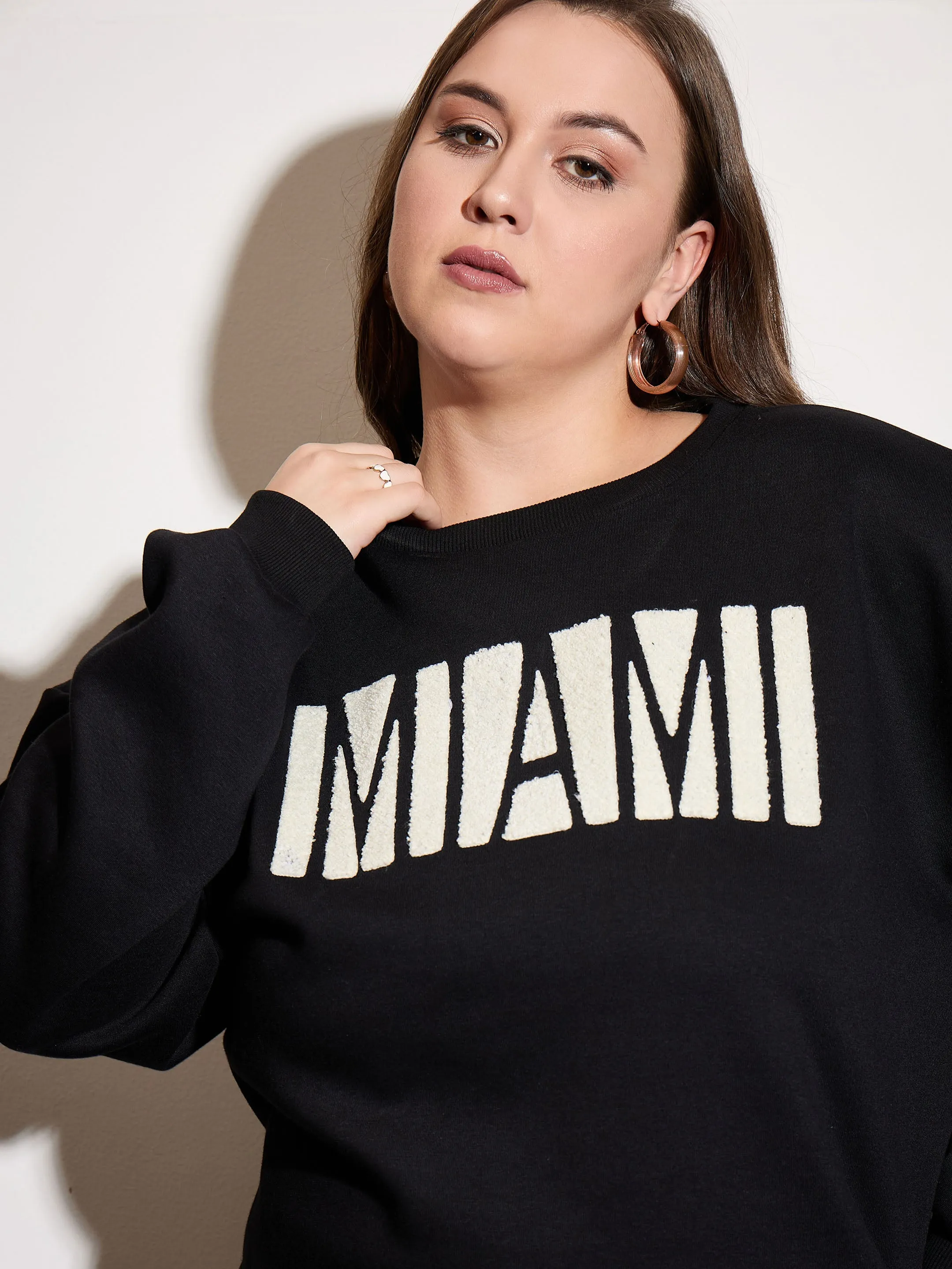 Women Black Fleece MIAMI Emb Sweatshirt With Sweatpants