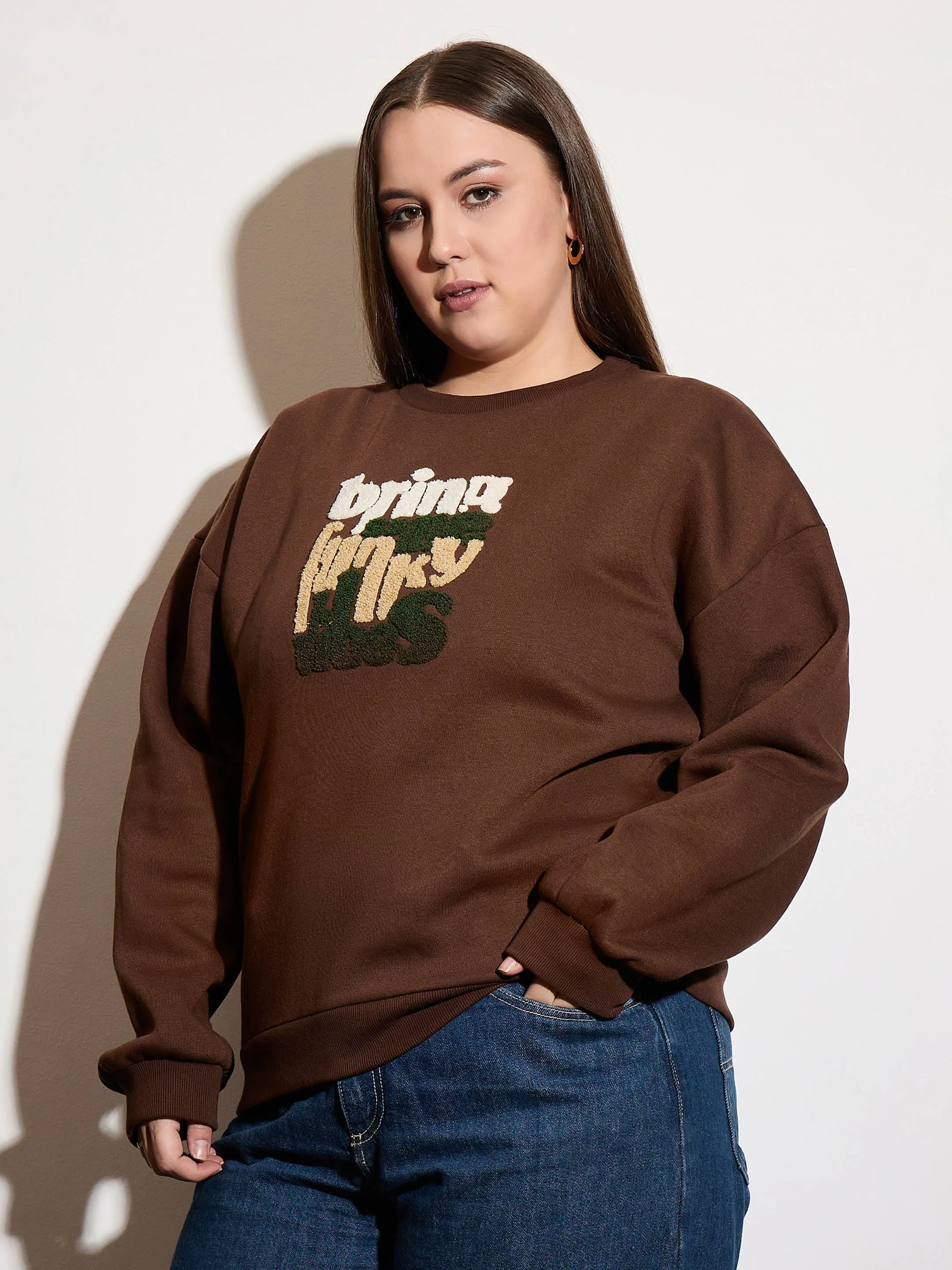 Women Brown Fleece FUNNKY VIBES Emb Sweatshirt