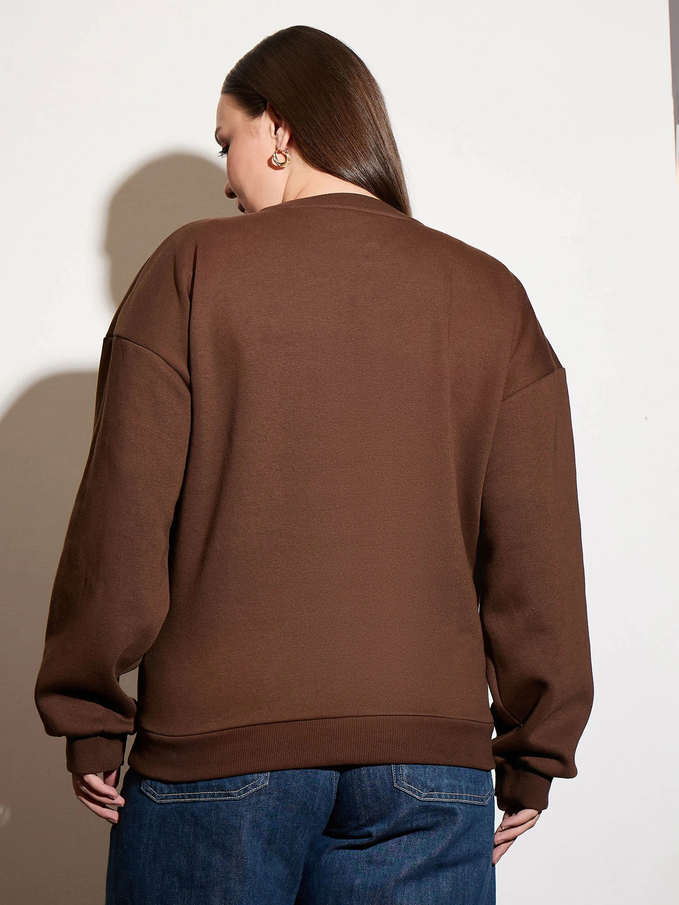 Women Brown Fleece FUNNKY VIBES Emb Sweatshirt