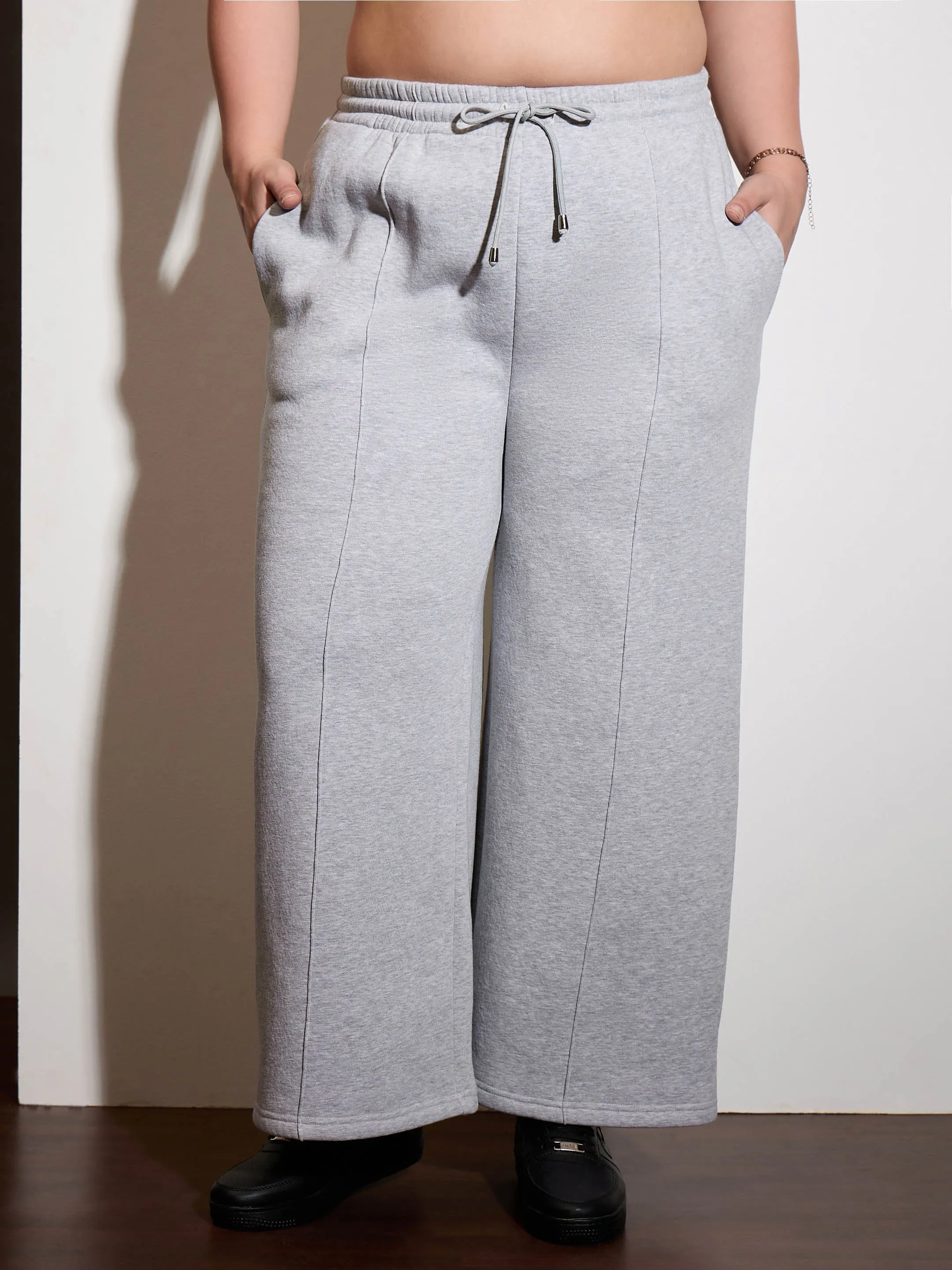 Women Grey Melange Fleece Drawstring Sweatpants