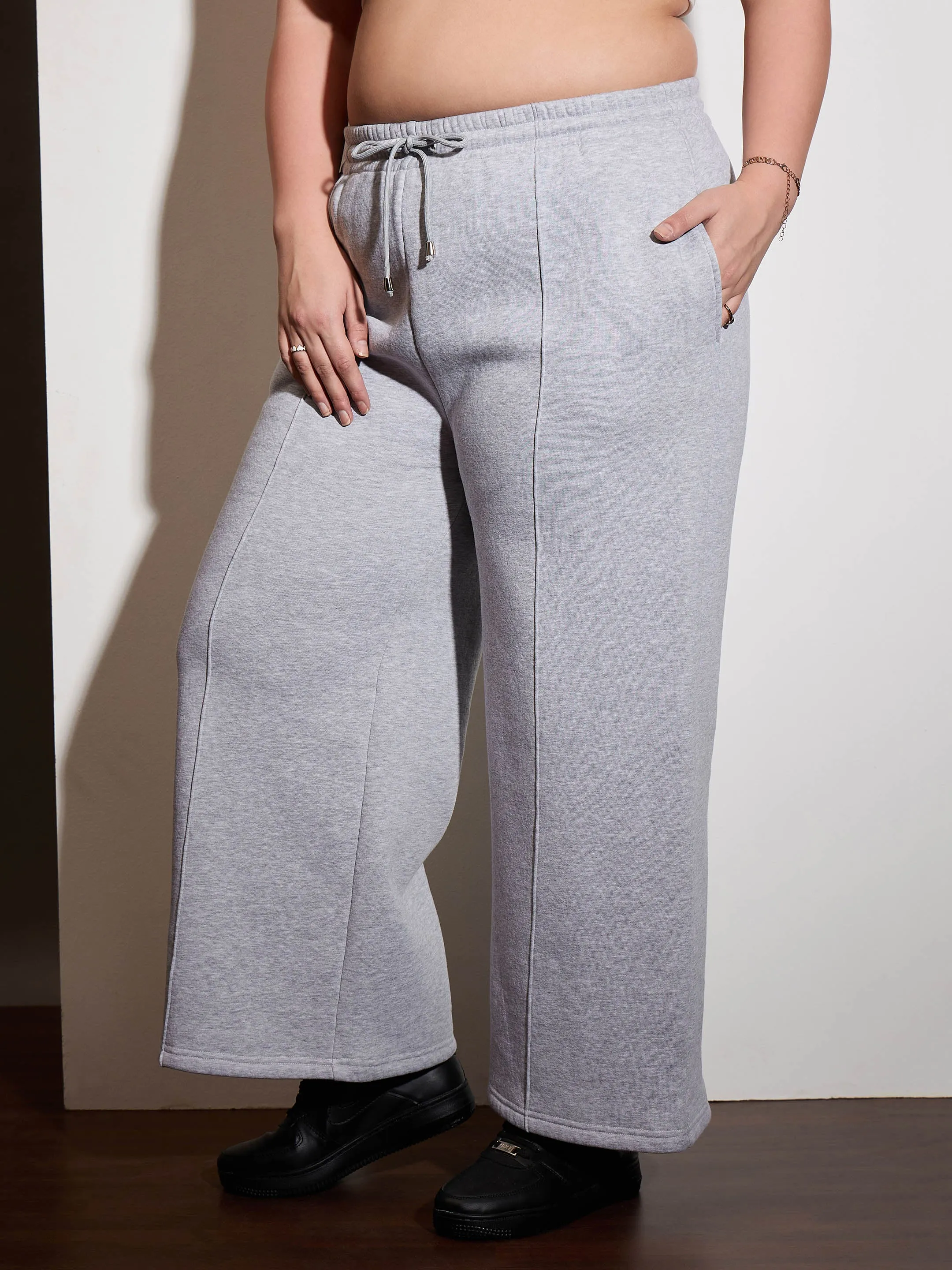 Women Grey Melange Fleece Drawstring Sweatpants